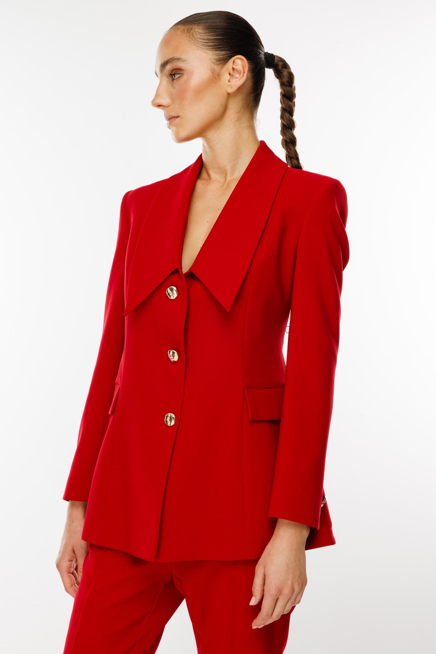 Modailgi  Kırlangıç Yaka Gold Düğme Detaylı Uzun Ceket Kırmızı