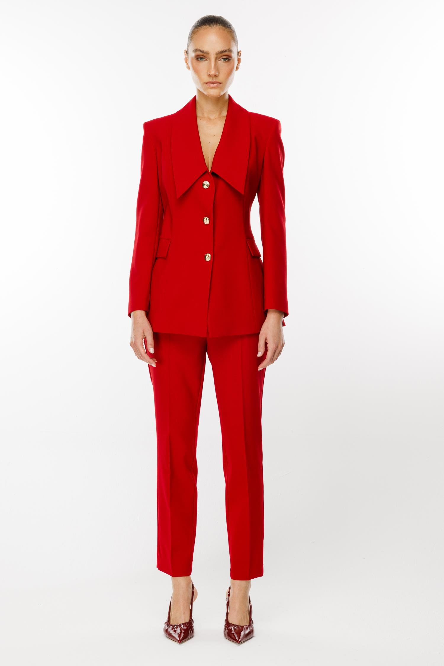 Modailgi  Kırlangıç Yaka Gold Düğme Detaylı Uzun Ceket Kırmızı