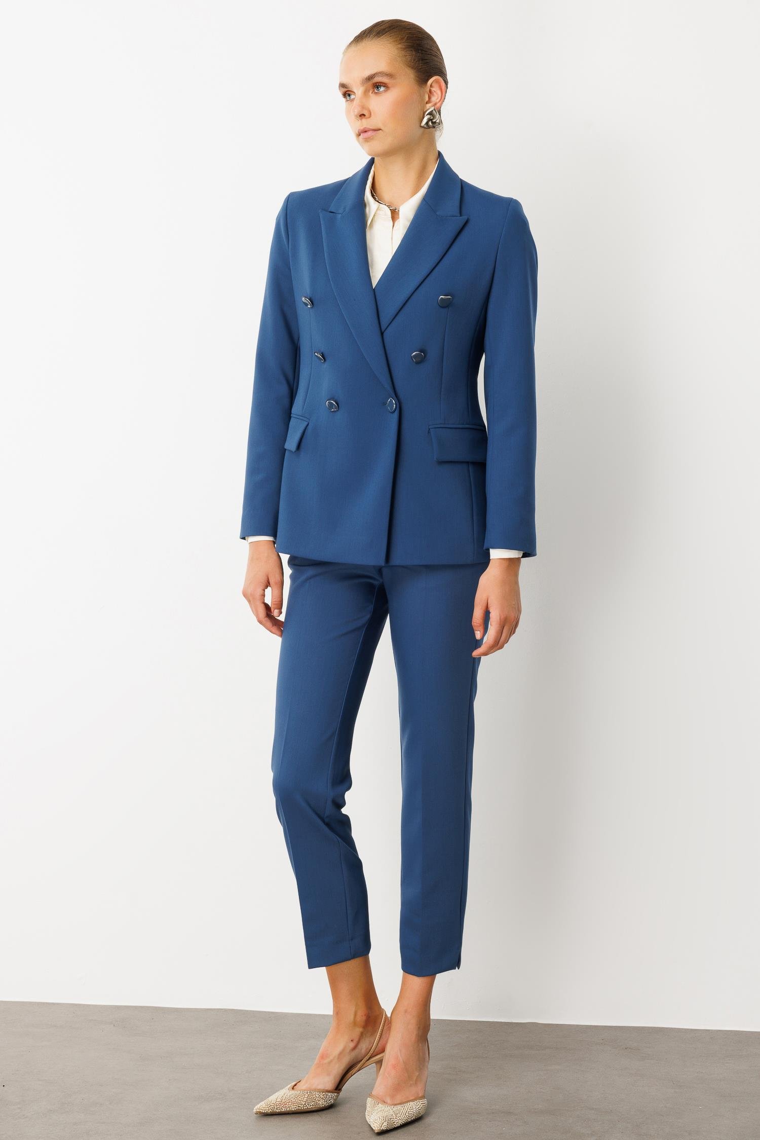 Modailgi  Kırlangıç Yaka Kruvaze Ceket - 40008 Petrol Mavisi