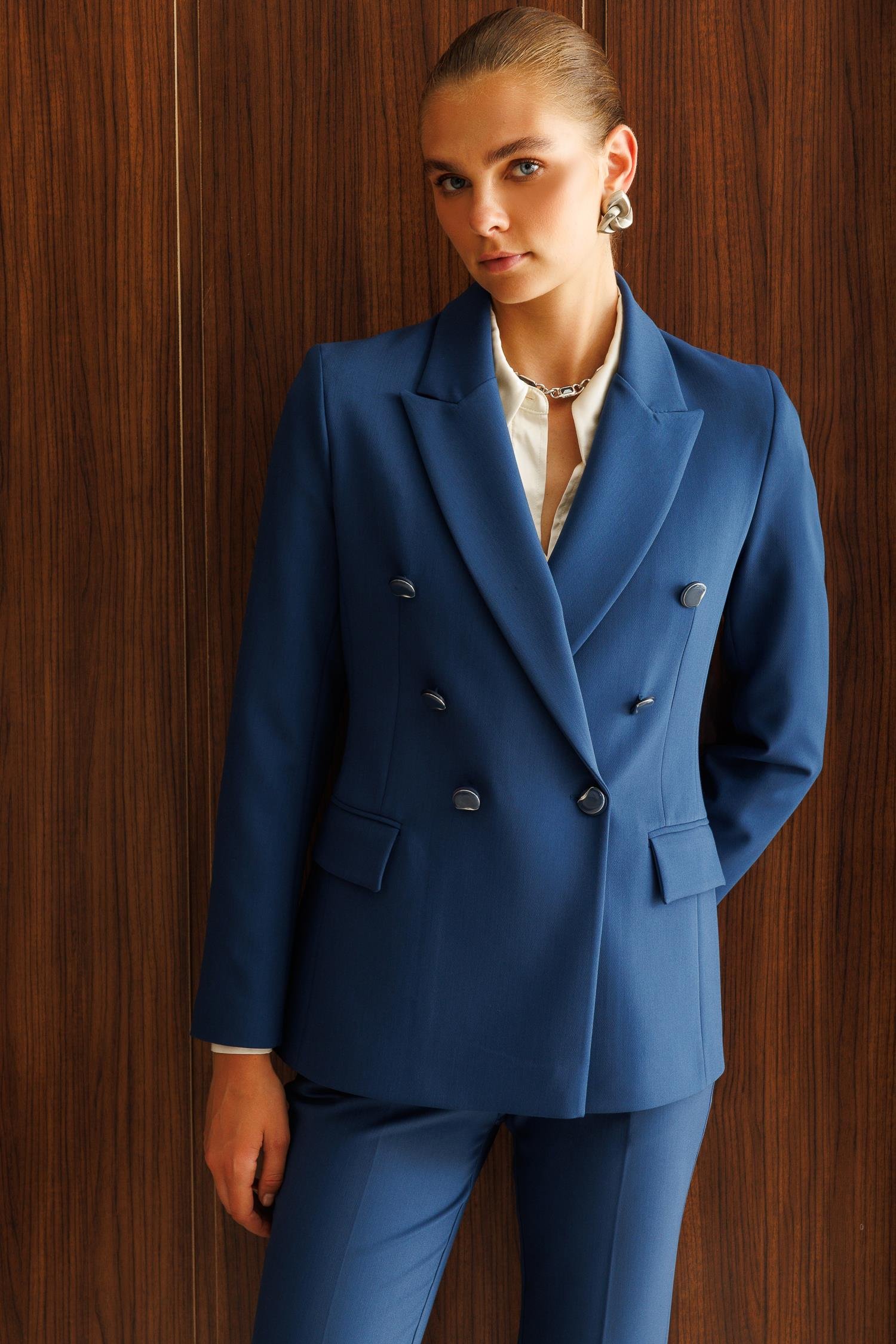 Modailgi  Kırlangıç Yaka Kruvaze Ceket - 40008 Petrol Mavisi