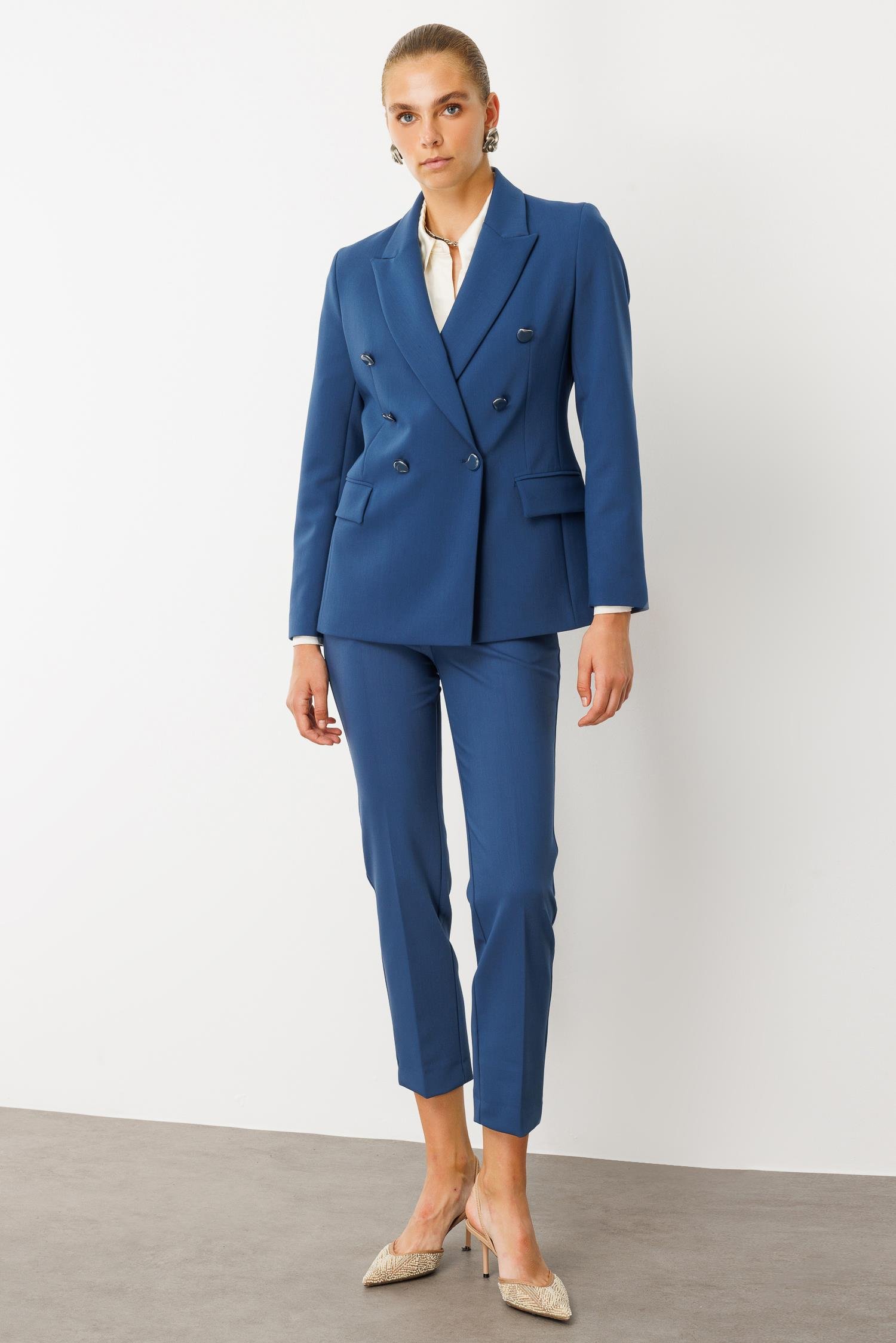 Modailgi  Kırlangıç Yaka Kruvaze Ceket - 40008 Petrol Mavisi