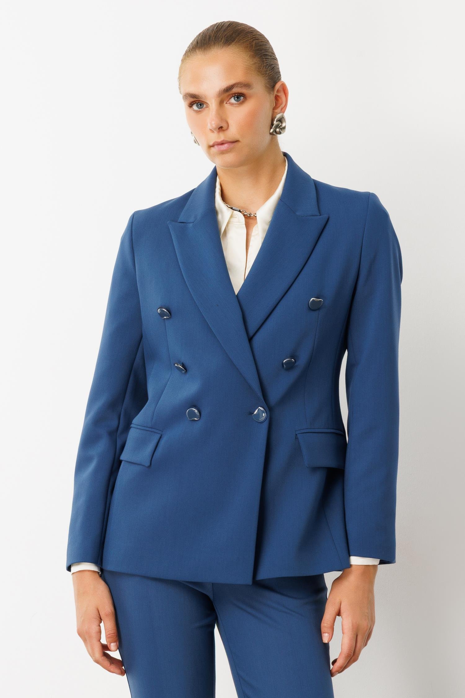 Modailgi  Kırlangıç Yaka Kruvaze Ceket - 40008 Petrol Mavisi