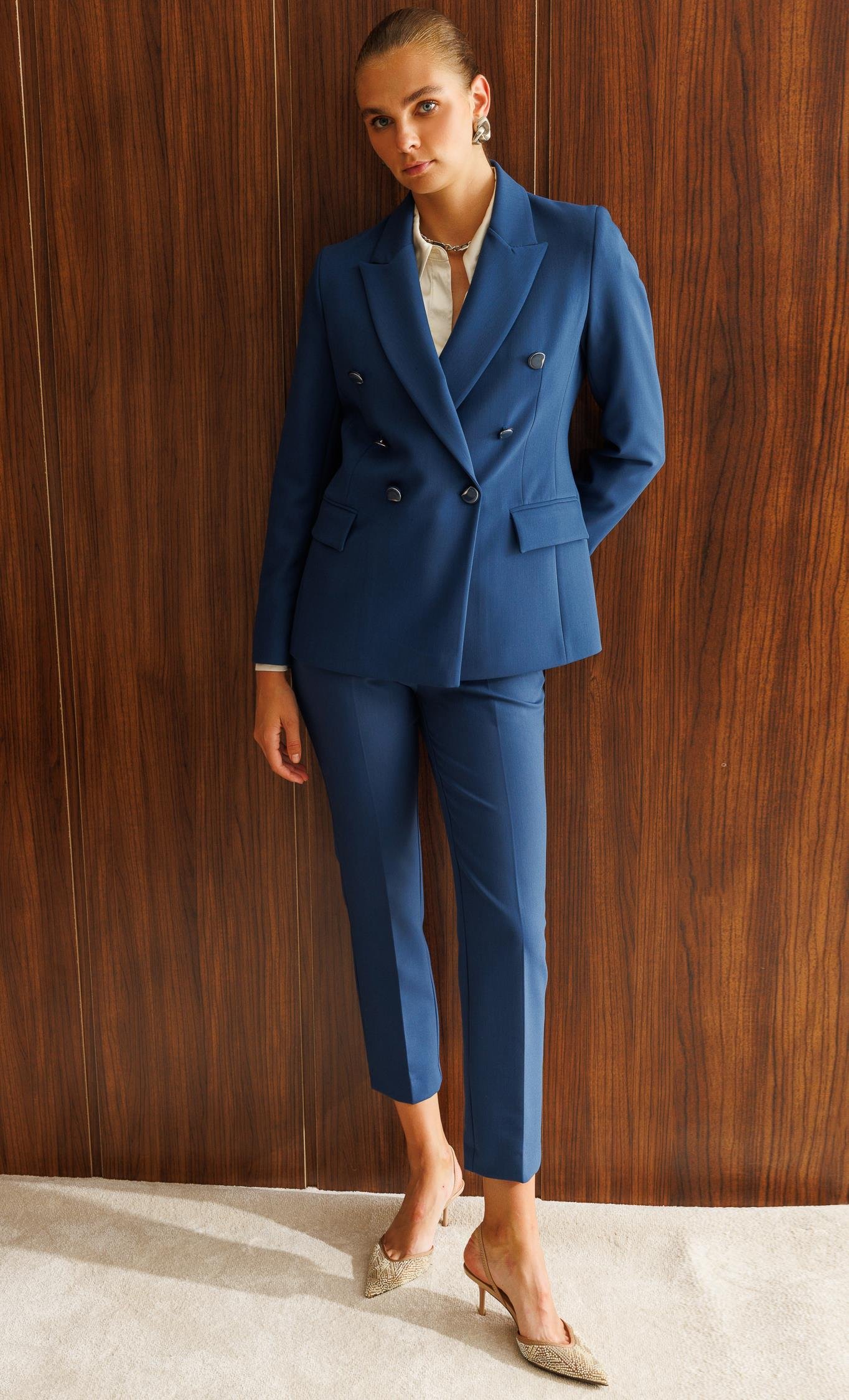 Modailgi  Kırlangıç Yaka Kruvaze Ceket - 40008 Petrol Mavisi