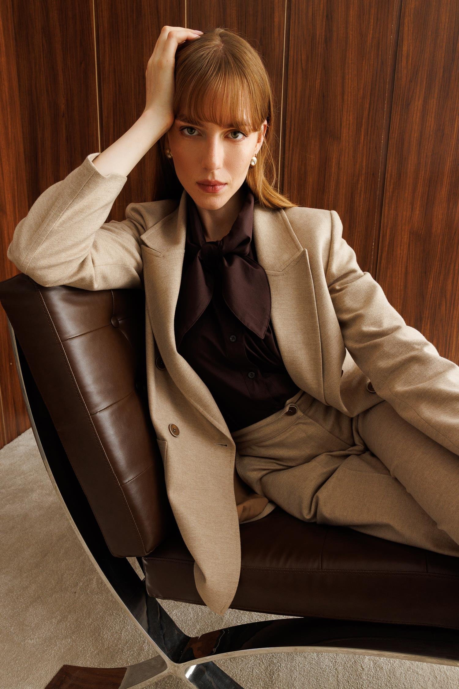 Modailgi  Kırlangıç Yaka Kruvaze Kapama Torba Cepli Rahat Kesim Ceket - 40048 Vizon