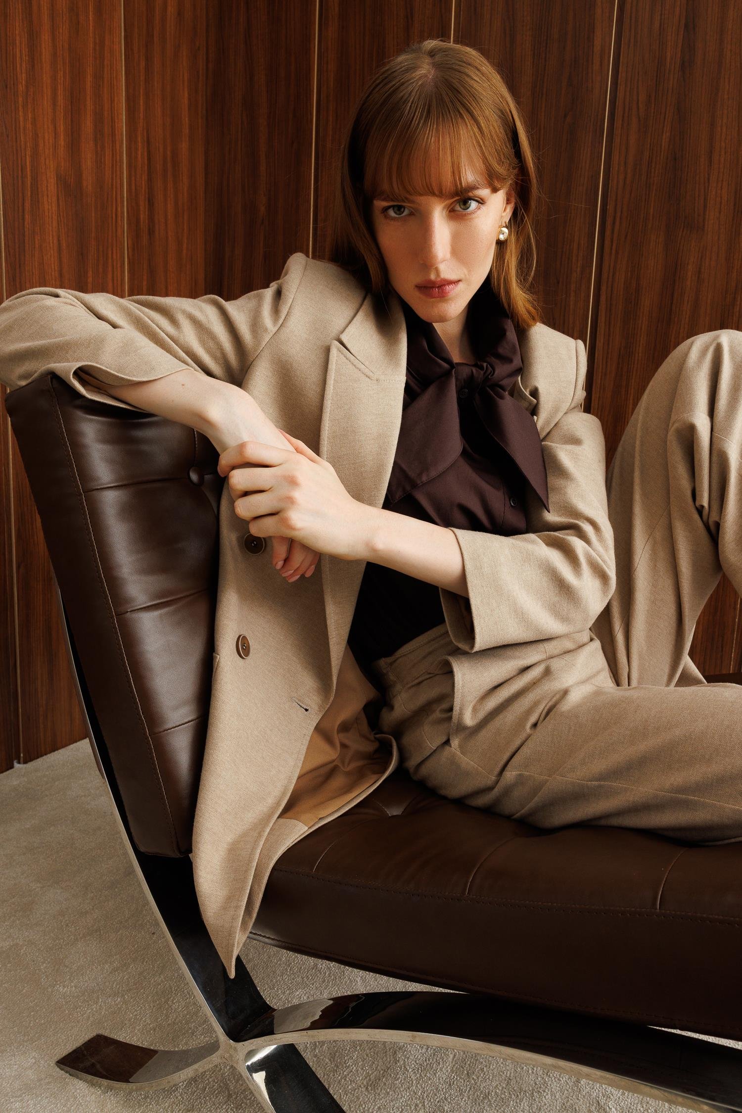 Modailgi  Kırlangıç Yaka Kruvaze Kapama Torba Cepli Rahat Kesim Ceket - 40048 Vizon