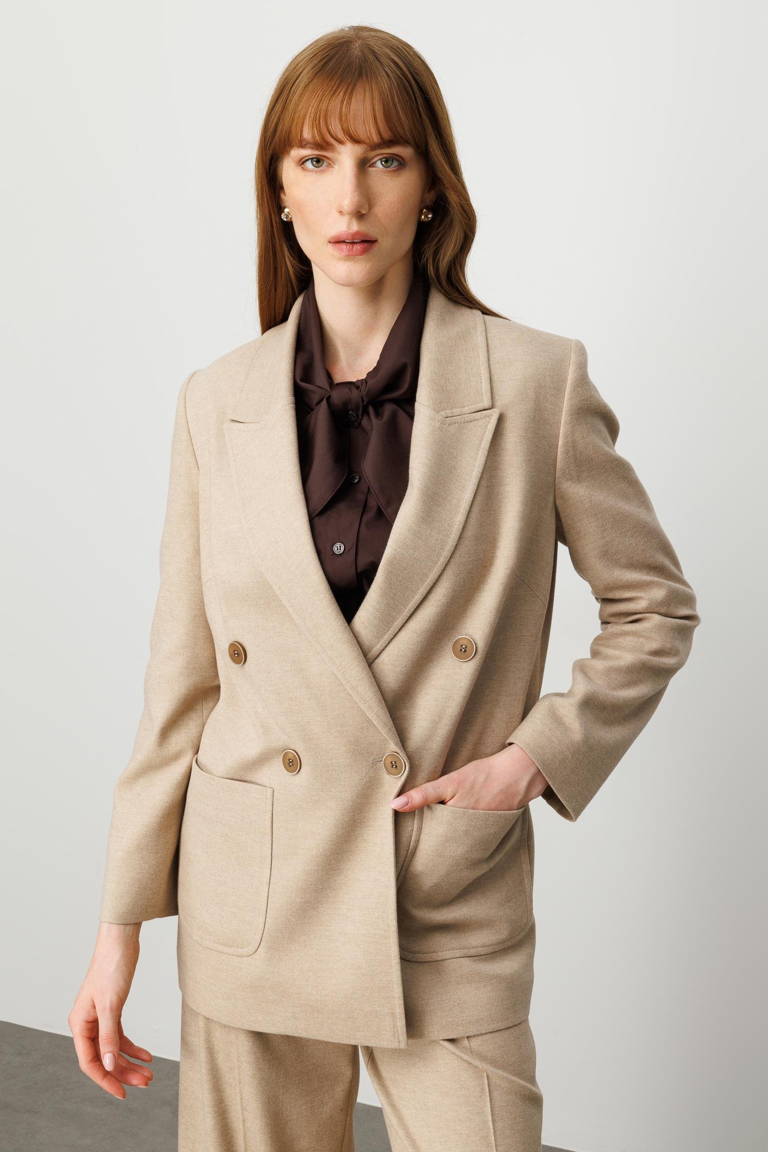 Modailgi  Kırlangıç Yaka Kruvaze Kapama Torba Cepli Rahat Kesim Ceket - 40048 Vizon