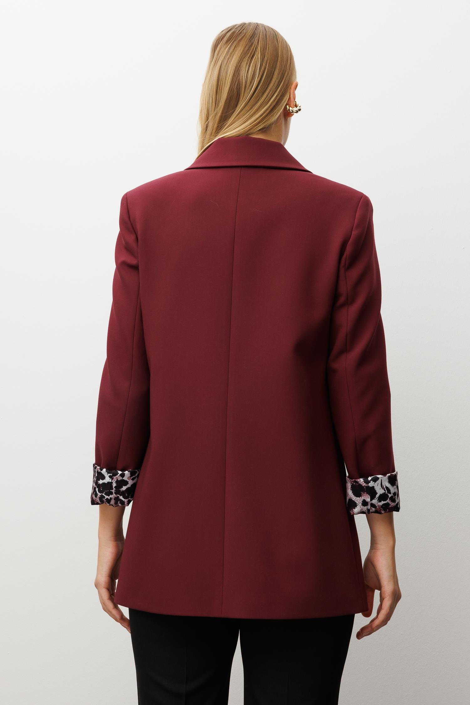 Modailgi  Kırlangıç Yaka Kruvaze Kapamalı Torba Cepli Leopar Astarlı Ceket Bordo