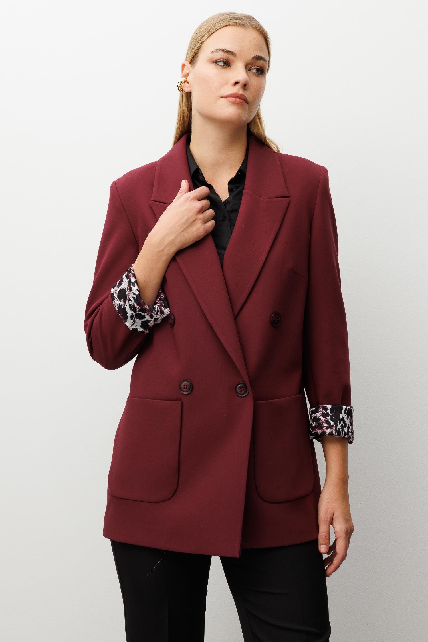 Modailgi  Kırlangıç Yaka Kruvaze Kapamalı Torba Cepli Leopar Astarlı Ceket Bordo