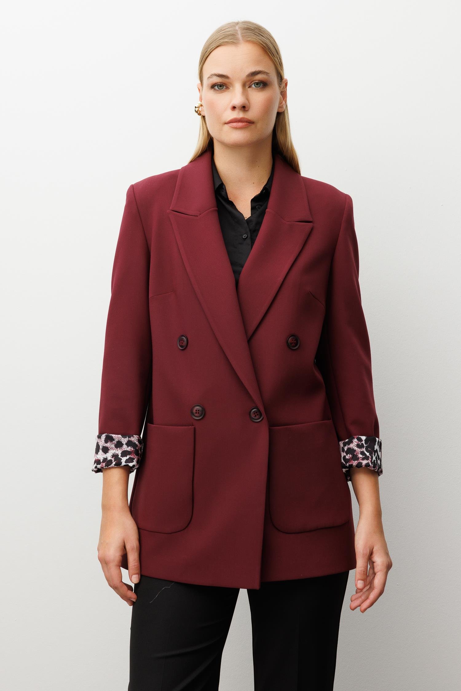 Modailgi  Kırlangıç Yaka Kruvaze Kapamalı Torba Cepli Leopar Astarlı Ceket Bordo