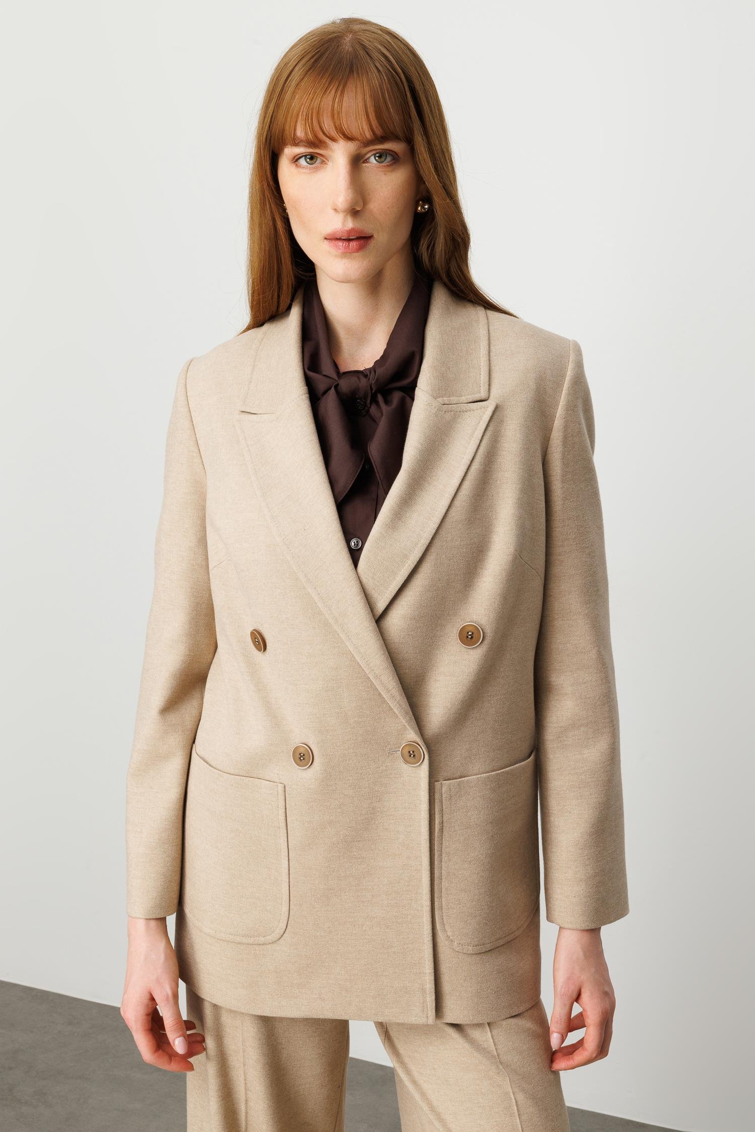 Modailgi  Kırlangıç Yaka Kruvaze Kapama Torba Cepli Rahat Kesim Ceket - 40048 Vizon