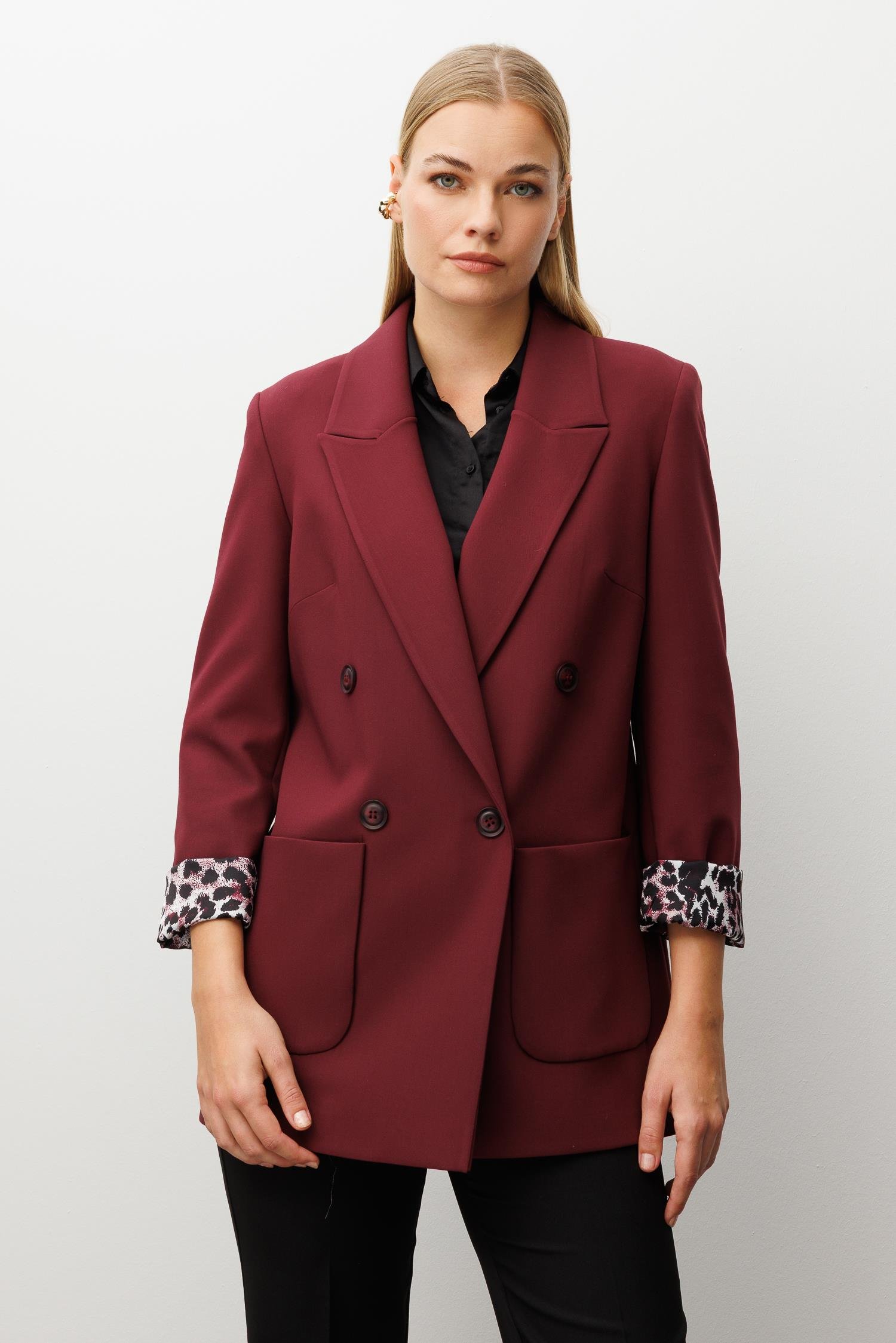 Modailgi  Kırlangıç Yaka Kruvaze Kapamalı Torba Cepli Leopar Astarlı Ceket Bordo