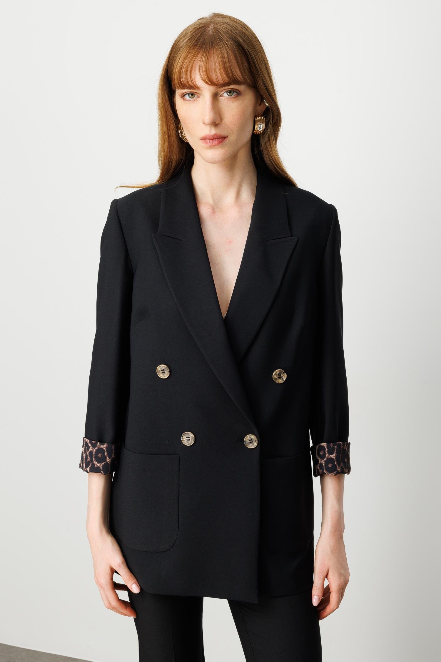 Modailgi  Kırlangıç Yaka Kruvaze Kapamalı Torba Cepli Leopar Astarlı Ceket Siyah