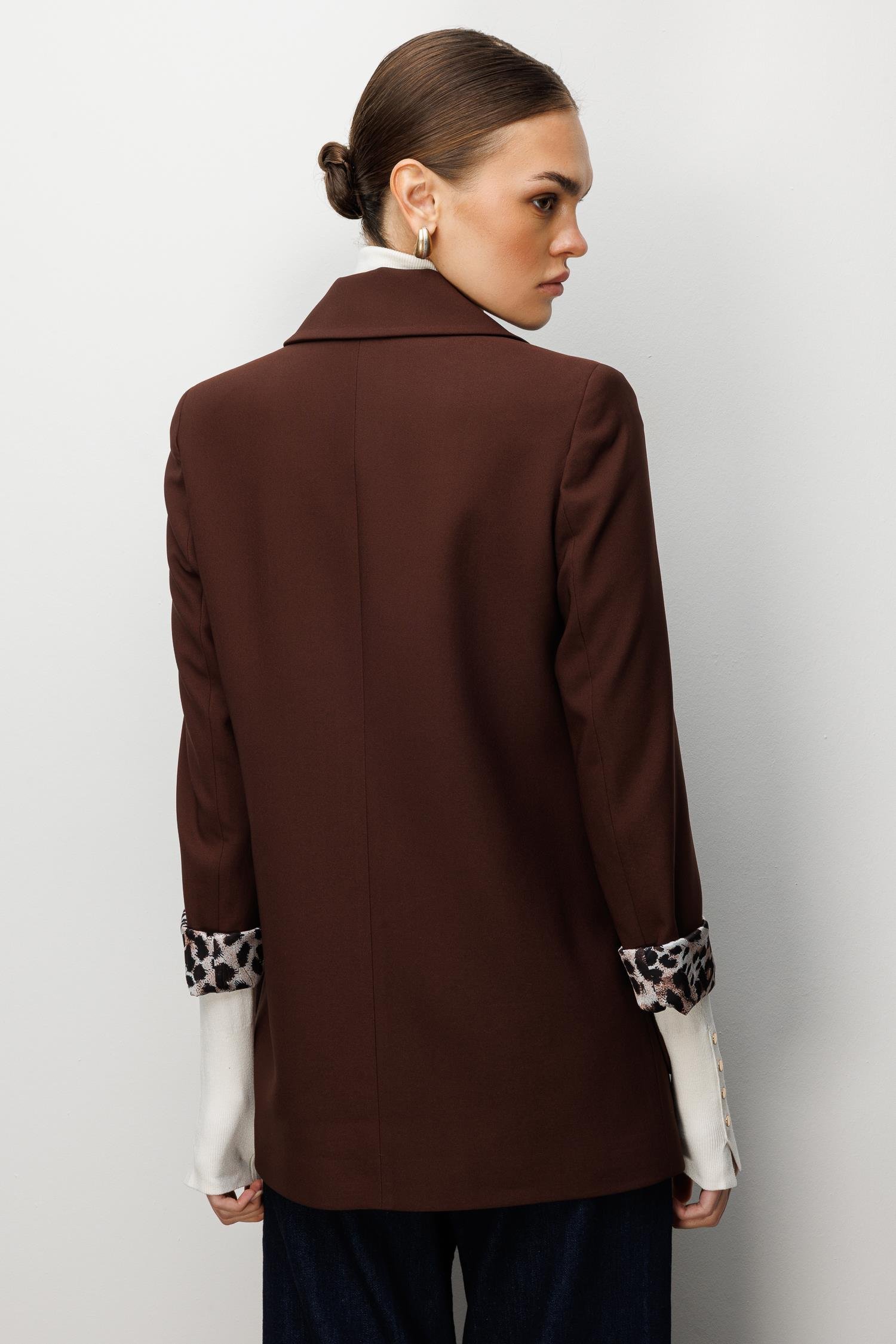 Modailgi  Kırlangıç Yaka Kruvaze Kapamalı Torba Cepli Leopar Astarlı Ceket Kahve