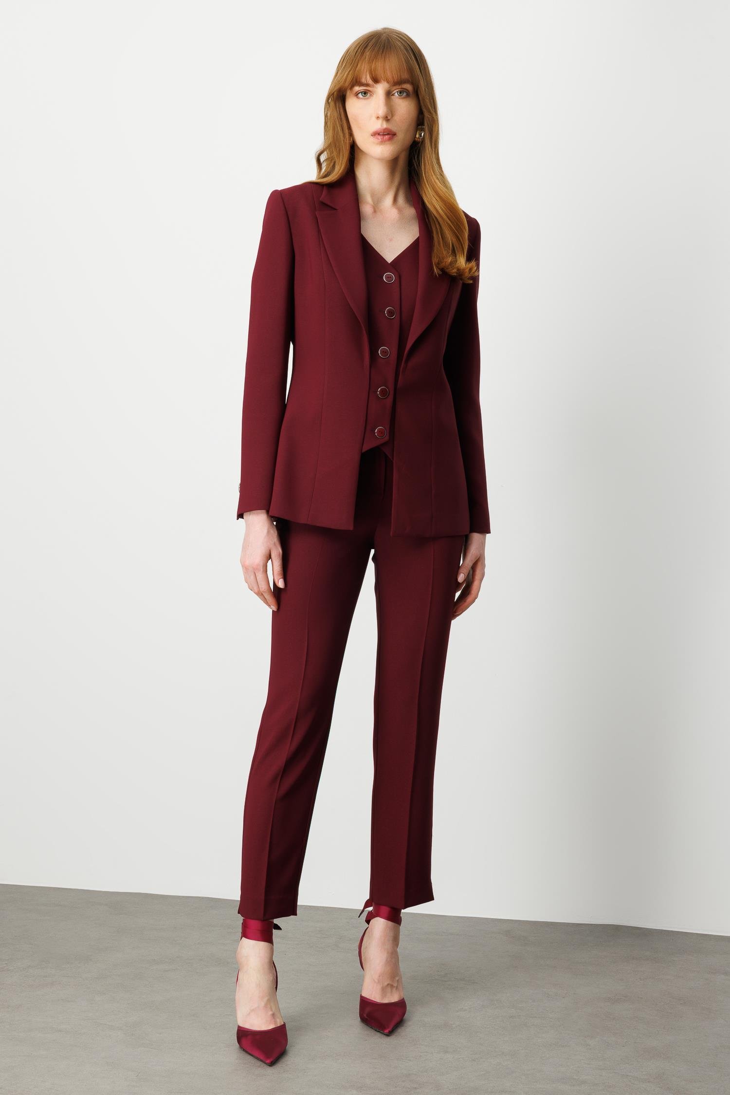 Modailgi  Kırlangıç Yaka Kuptan Yelek Detaylı Astarlı Ceket - 40031 Bordo