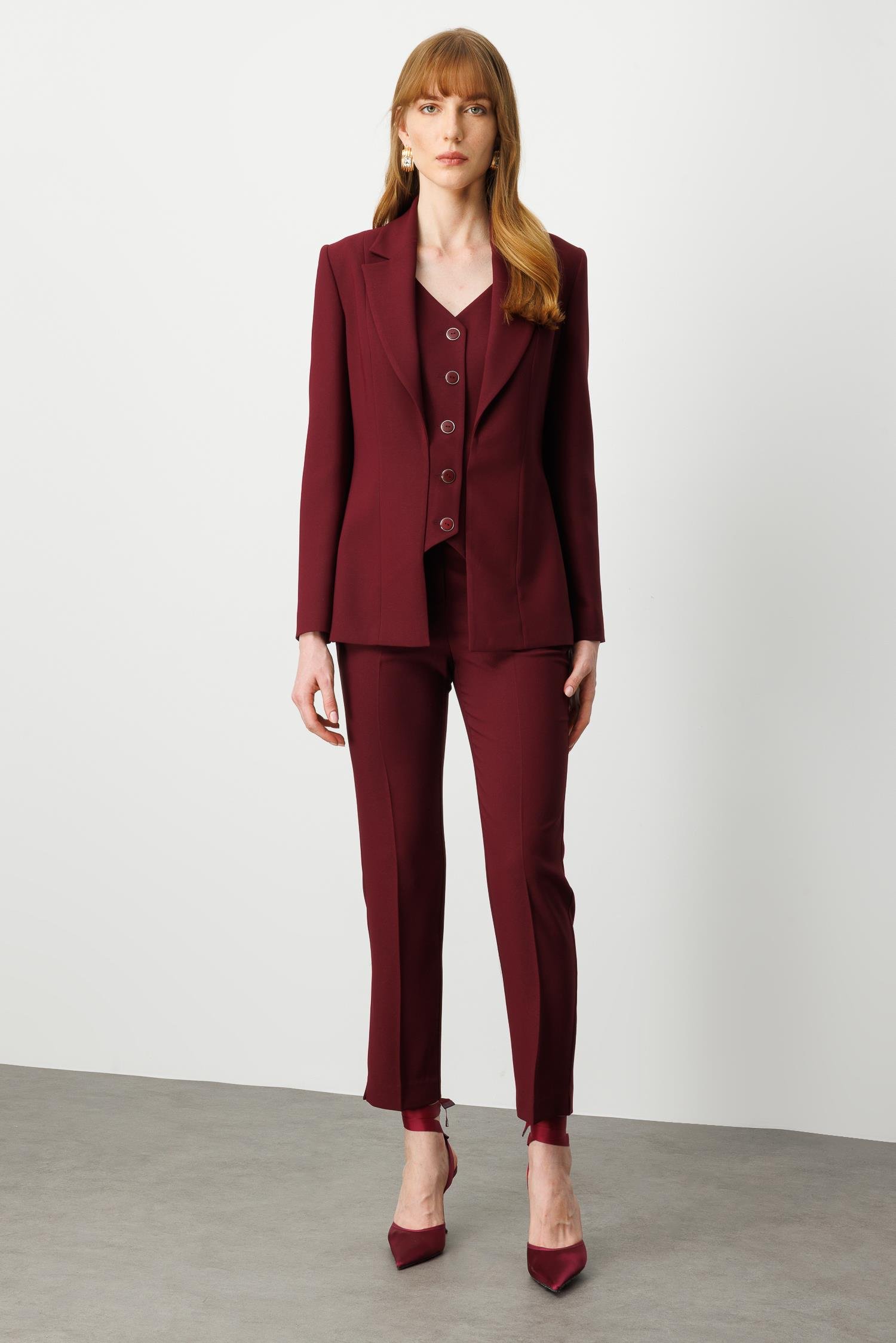 Modailgi  Kırlangıç Yaka Kuptan Yelek Detaylı Astarlı Ceket - 40031 Bordo