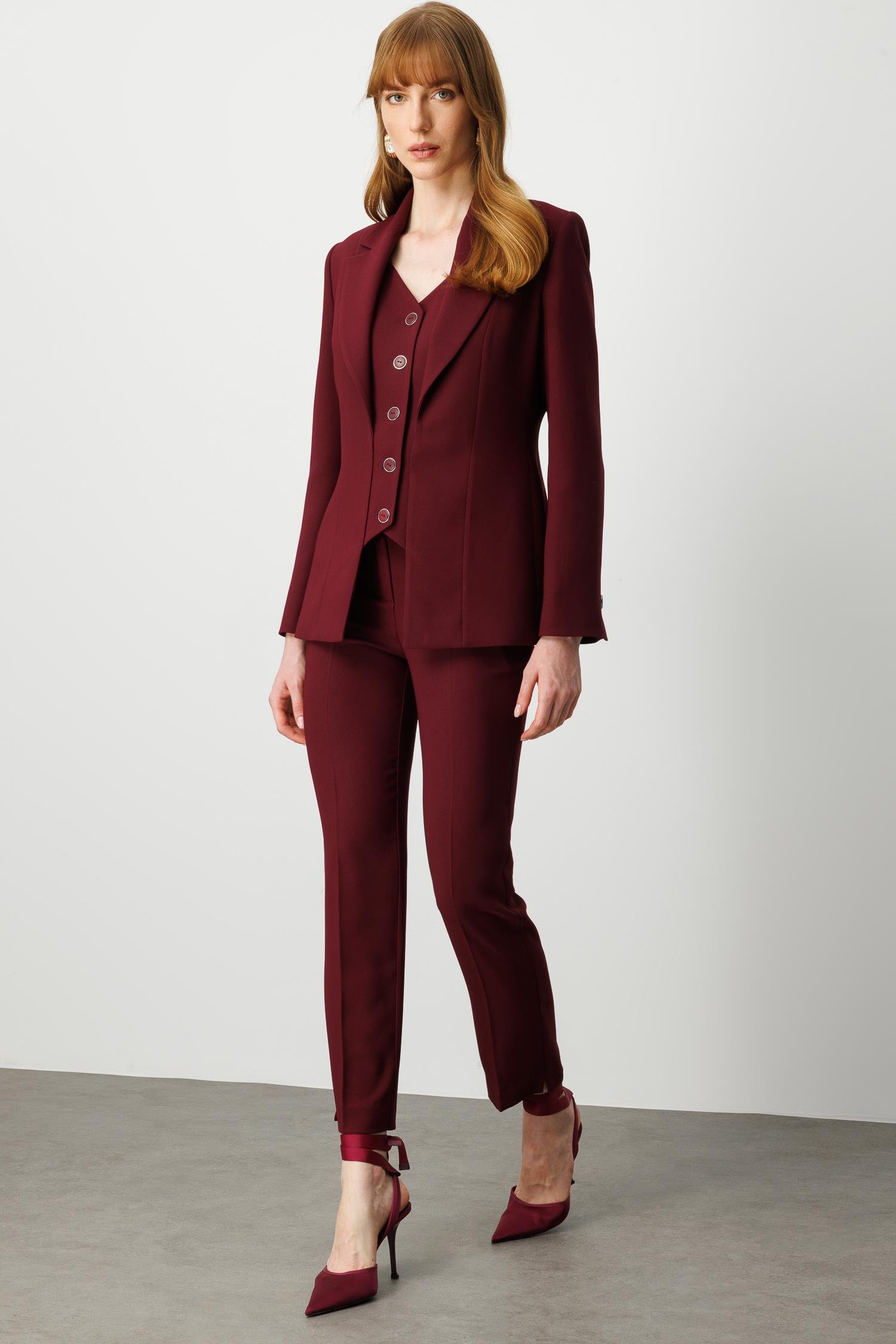 Modailgi  Kırlangıç Yaka Kuptan Yelek Detaylı Astarlı Ceket - 40031 Bordo