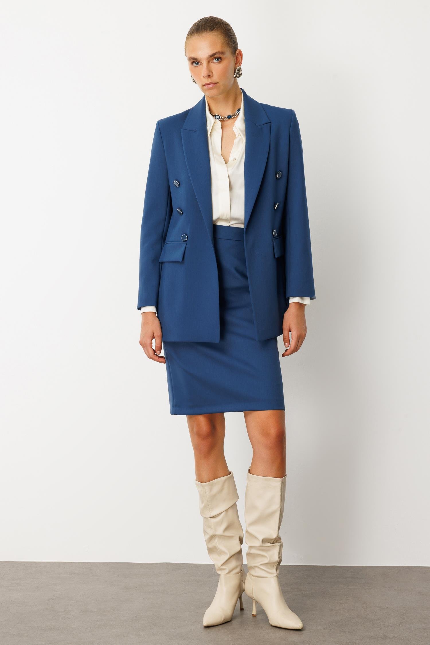 Modailgi  Kırlangıç Yaka Önü Açık Rahat Kesim Astarlı Ceket Petrol Mavisi