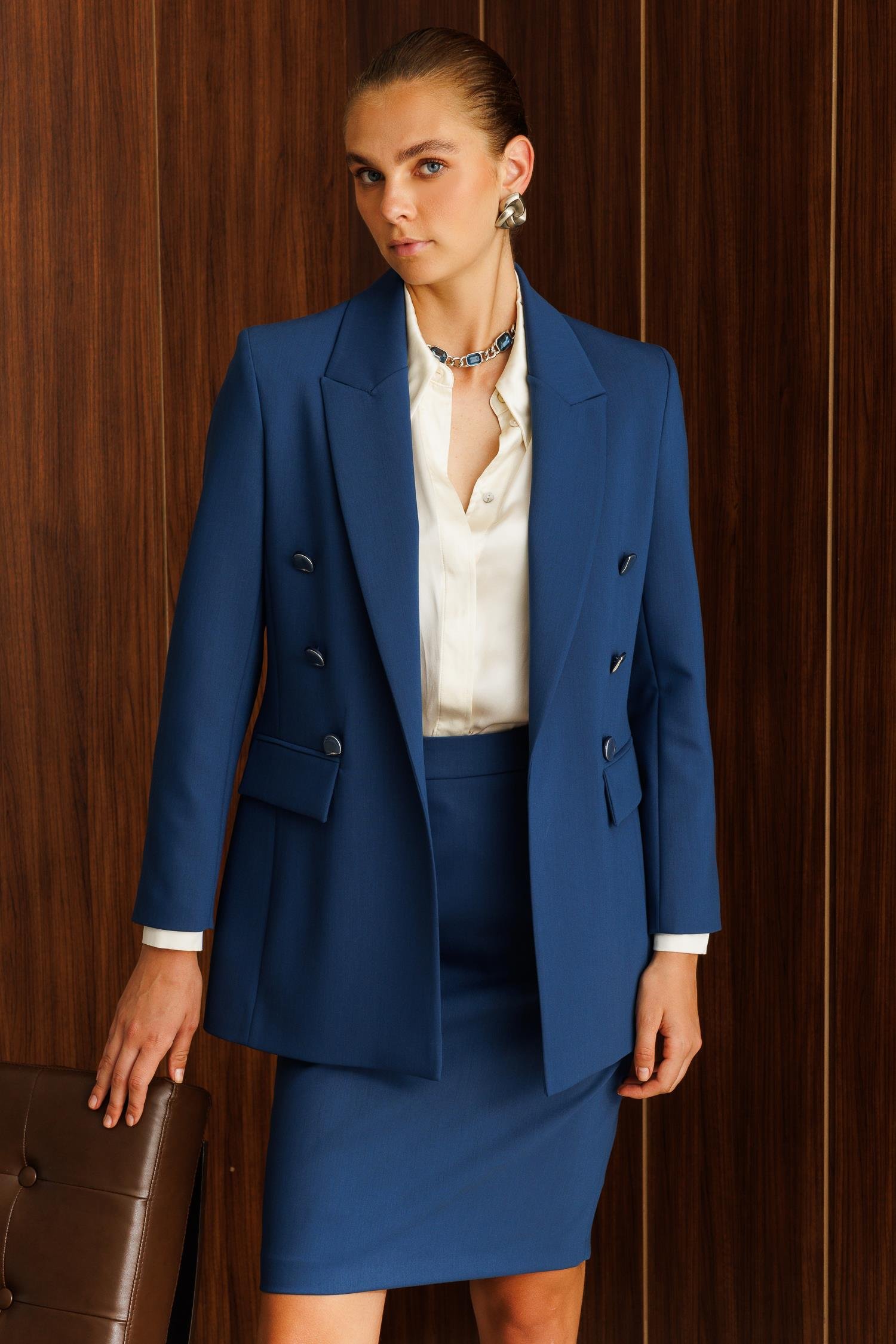 Modailgi  Kırlangıç Yaka Önü Açık Rahat Kesim Astarlı Ceket Petrol Mavisi