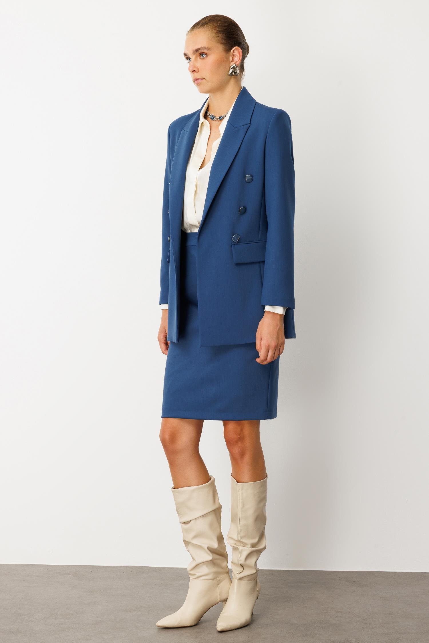 Modailgi  Kırlangıç Yaka Önü Açık Rahat Kesim Astarlı Ceket Petrol Mavisi