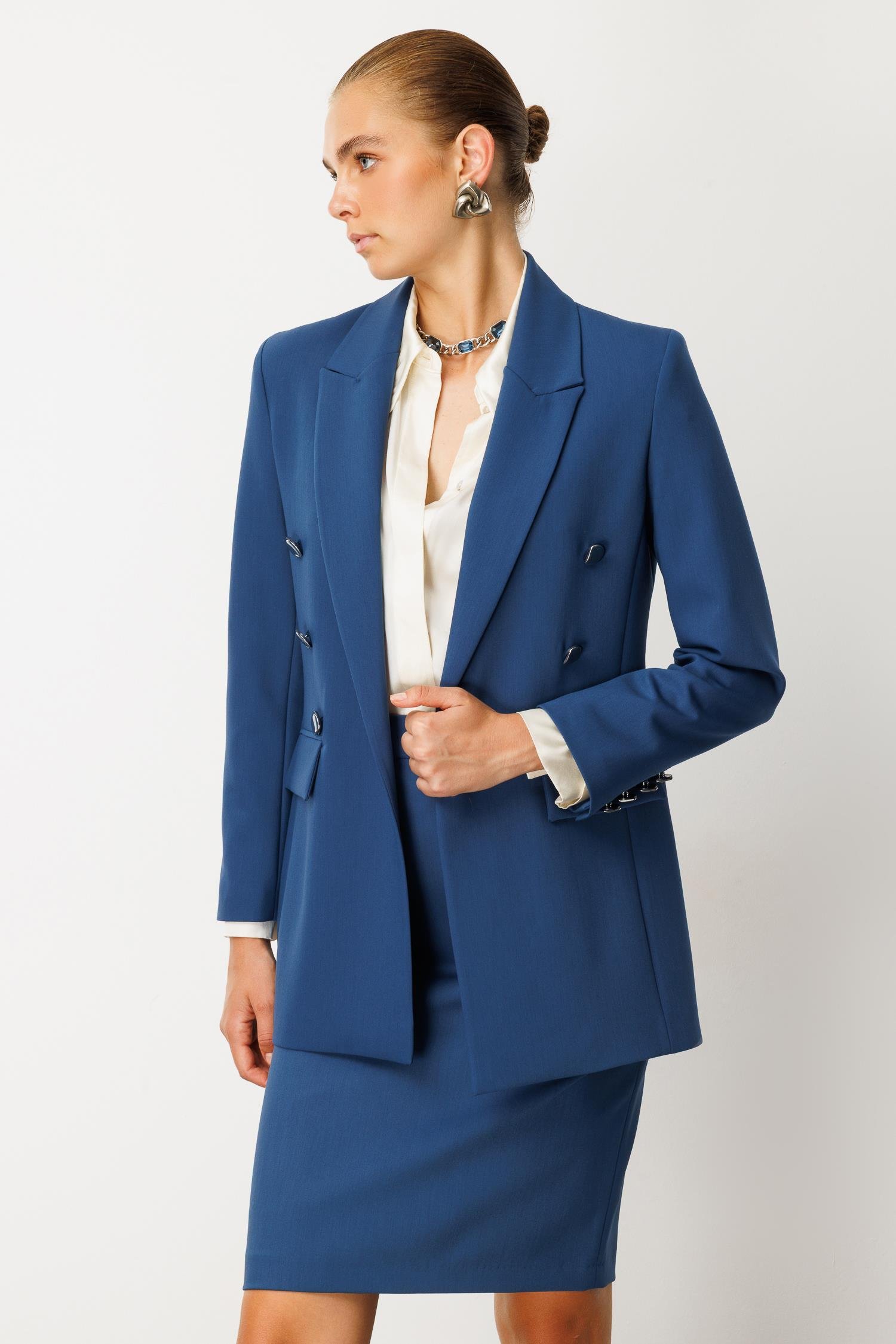 Modailgi  Kırlangıç Yaka Önü Açık Rahat Kesim Astarlı Ceket Petrol Mavisi