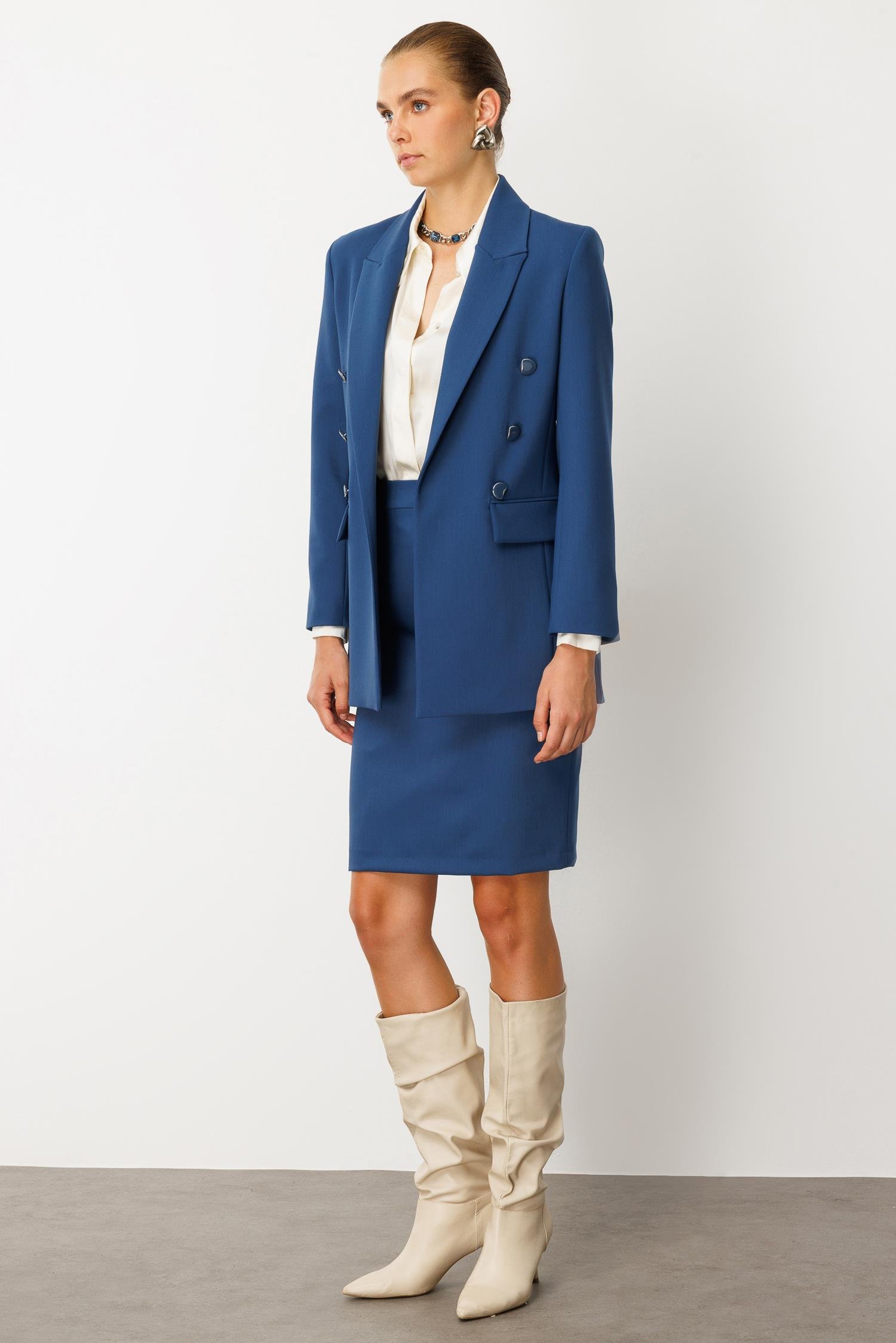 Modailgi  Kırlangıç Yaka Önü Açık Rahat Kesim Astarlı Ceket Petrol Mavisi