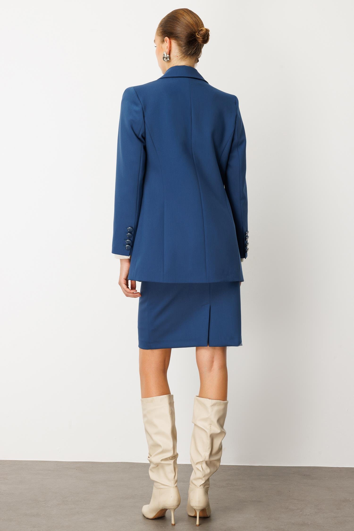 Modailgi  Kırlangıç Yaka Önü Açık Rahat Kesim Astarlı Ceket Petrol Mavisi