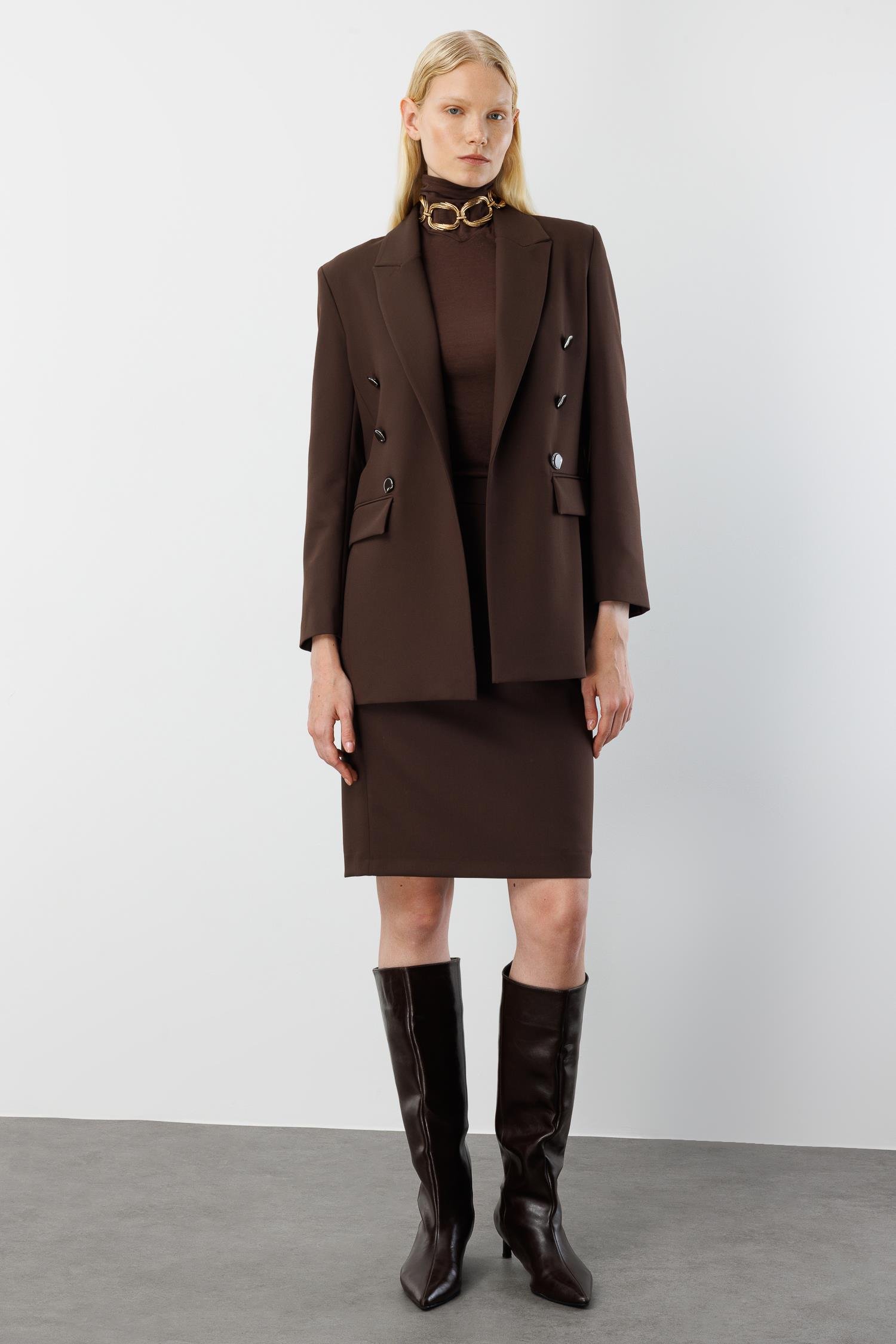 Modailgi  Kırlangıç Yaka Önü Açık Rahat Kesim Astarlı Ceket Kahve