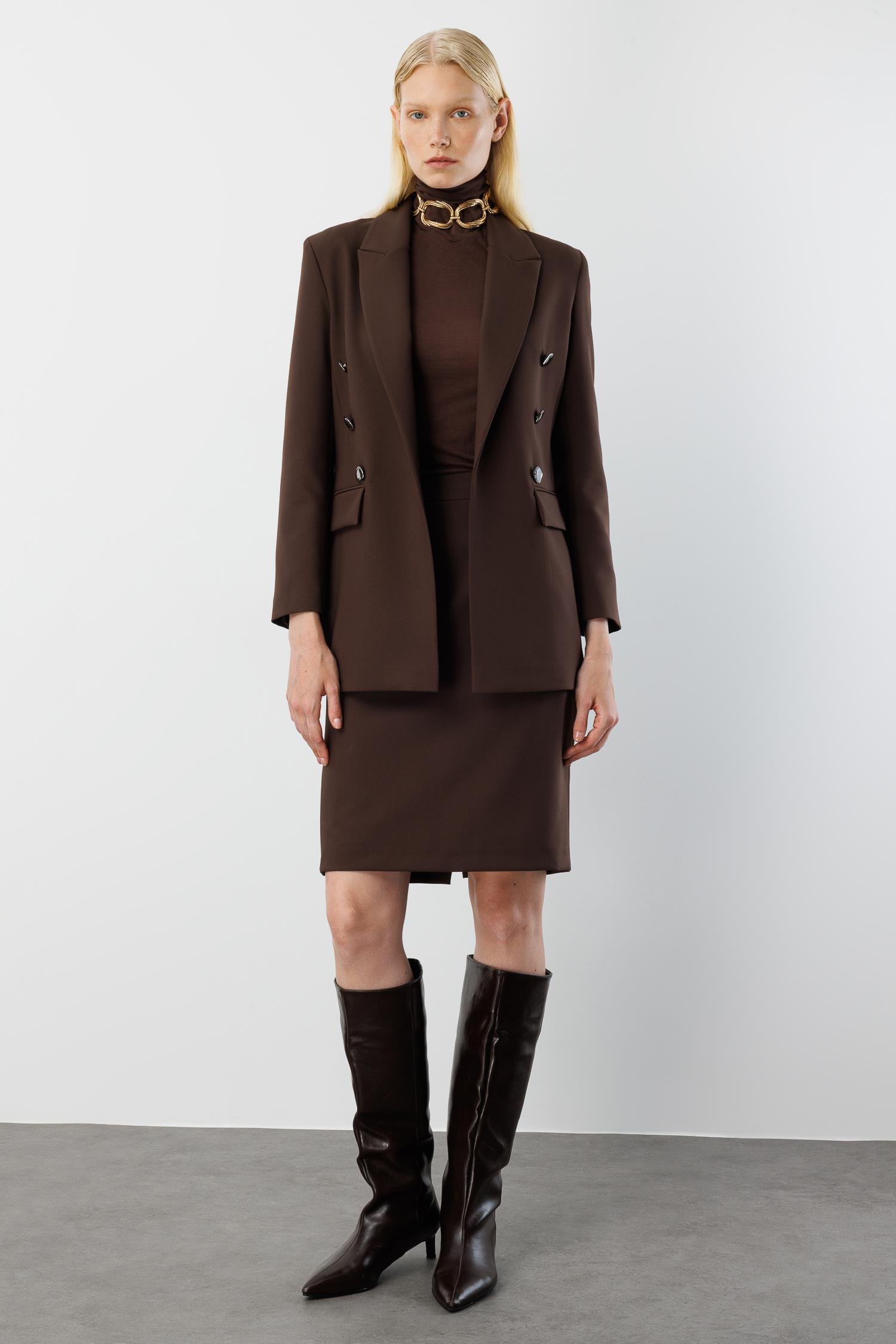 Modailgi  Kırlangıç Yaka Önü Açık Rahat Kesim Astarlı Ceket Kahve