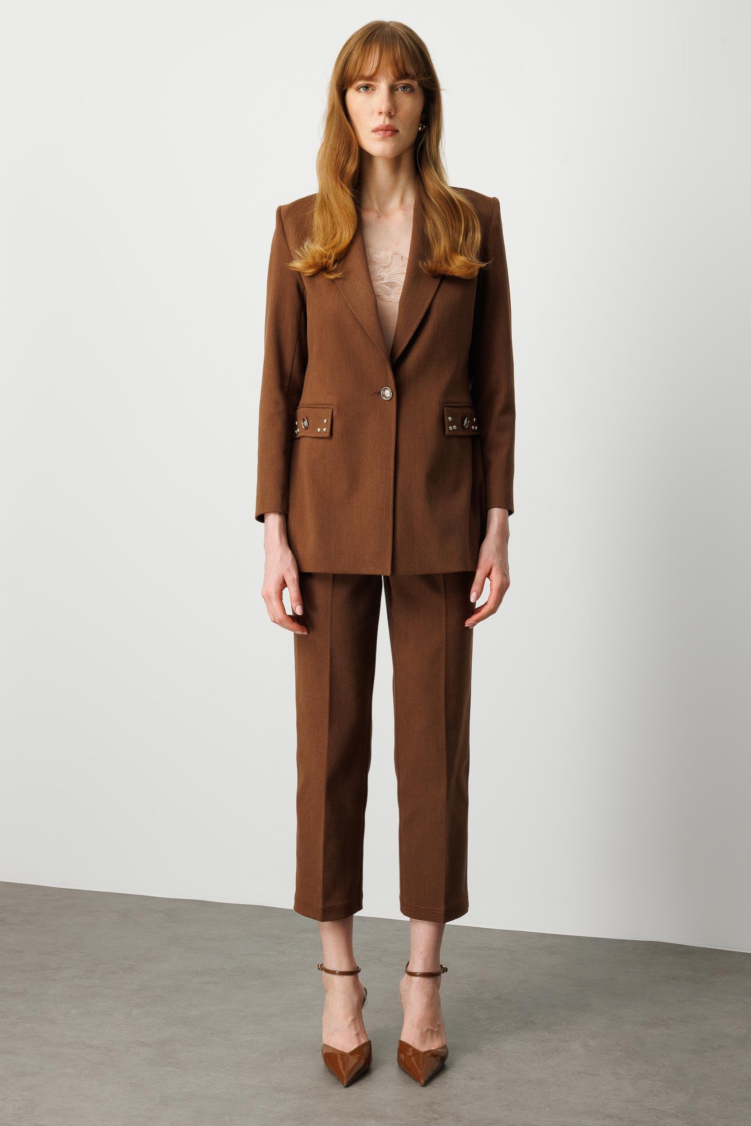 Modailgi  Kırlangıç Yaka Tek Düğme Kapamalı Astarlı Ceket - 45014 Kahve