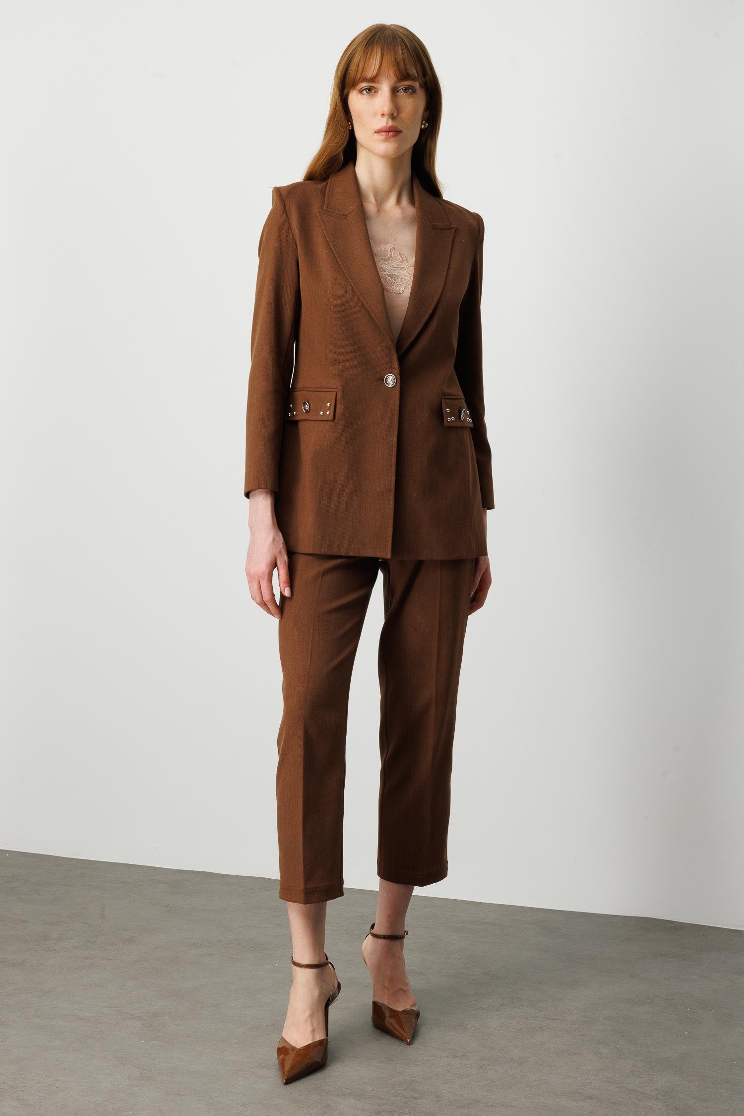 Modailgi  Kırlangıç Yaka Tek Düğme Kapamalı Astarlı Ceket - 45014 Kahve