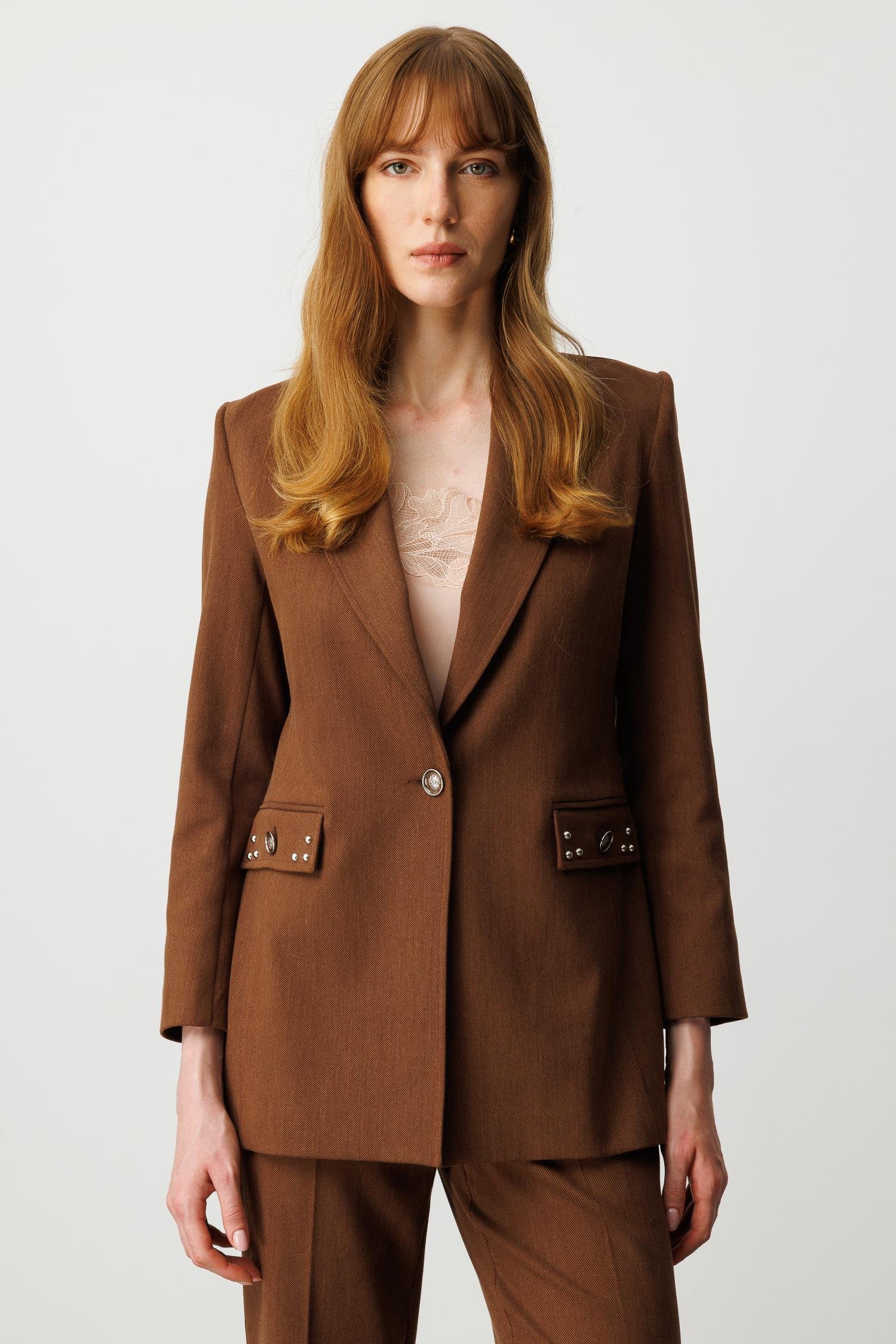 Modailgi  Kırlangıç Yaka Tek Düğme Kapamalı Astarlı Ceket - 45014 Kahve