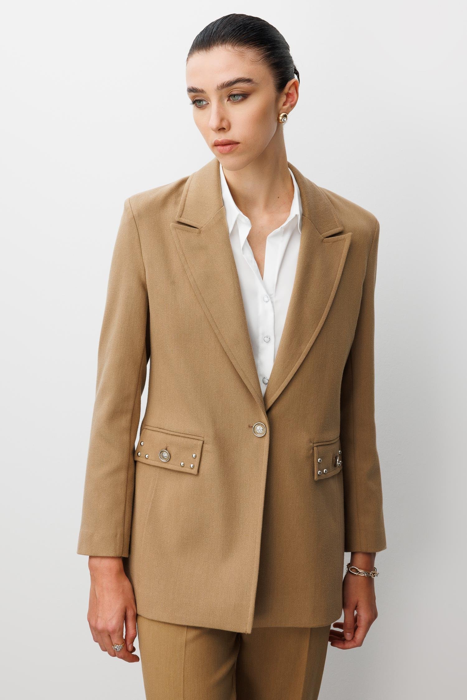 Modailgi  Kırlangıç Yaka Tek Düğme Kapamalı Astarlı Ceket - 45014 Camel