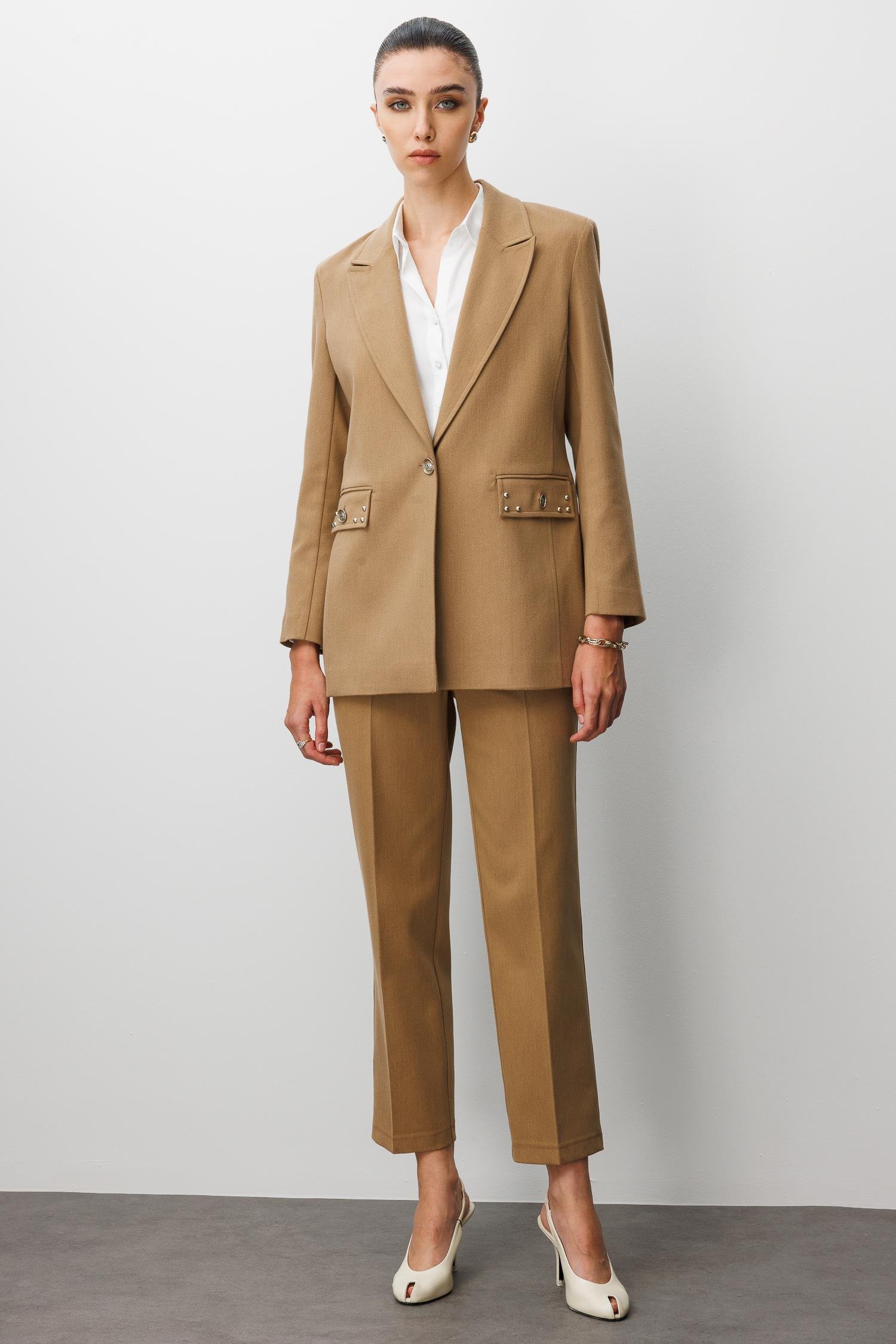 Modailgi  Kırlangıç Yaka Tek Düğme Kapamalı Astarlı Ceket - 45014 Camel