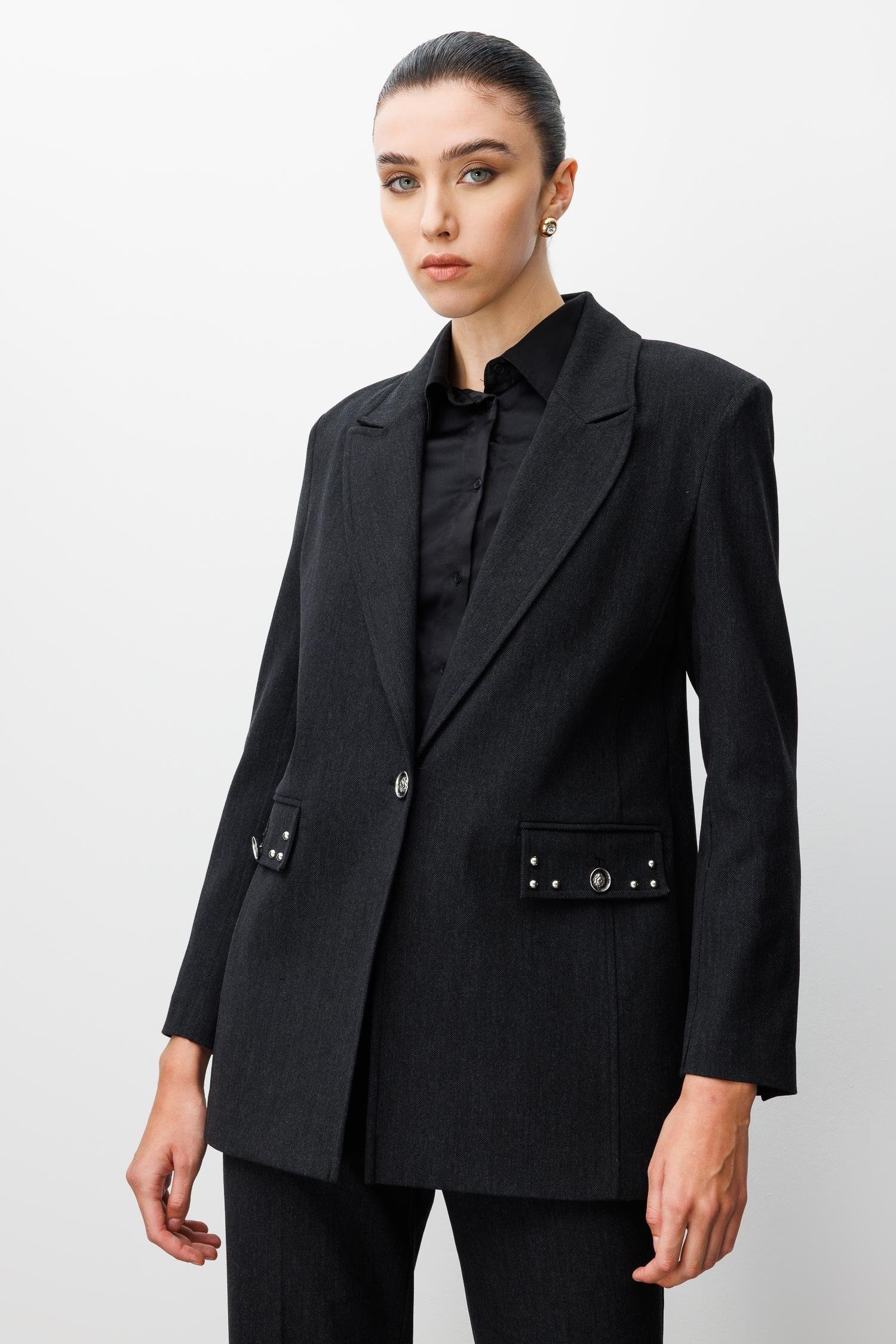 Modailgi  Kırlangıç Yaka Tek Düğme Kapamalı Astarlı Ceket - 45014 Siyah