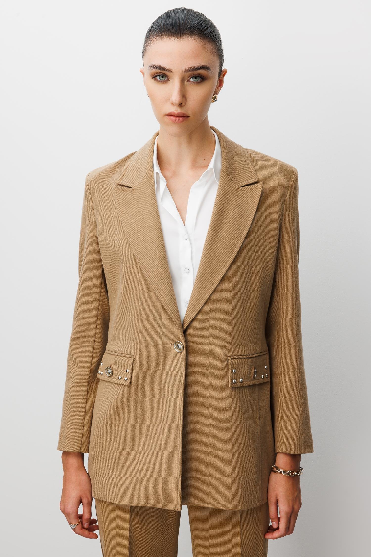 Modailgi  Kırlangıç Yaka Tek Düğme Kapamalı Astarlı Ceket - 45014 Camel