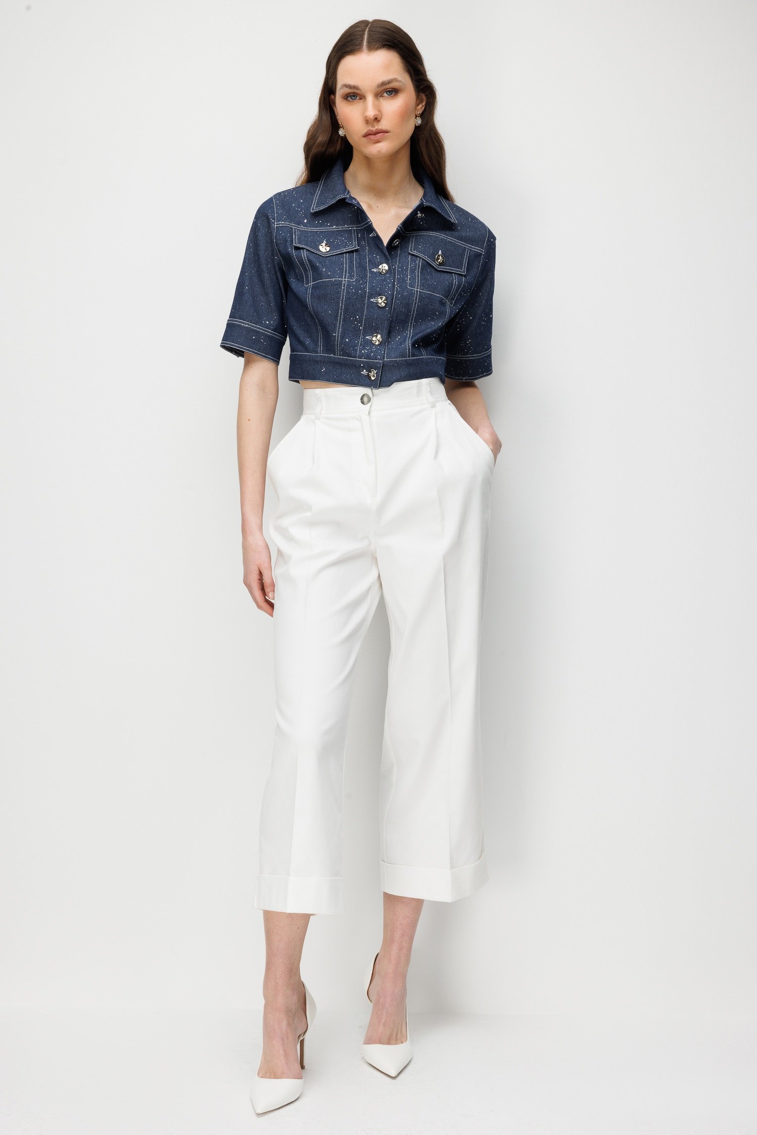 Modailgi  Kısa Kollu Krop Denim Mont Lacivert