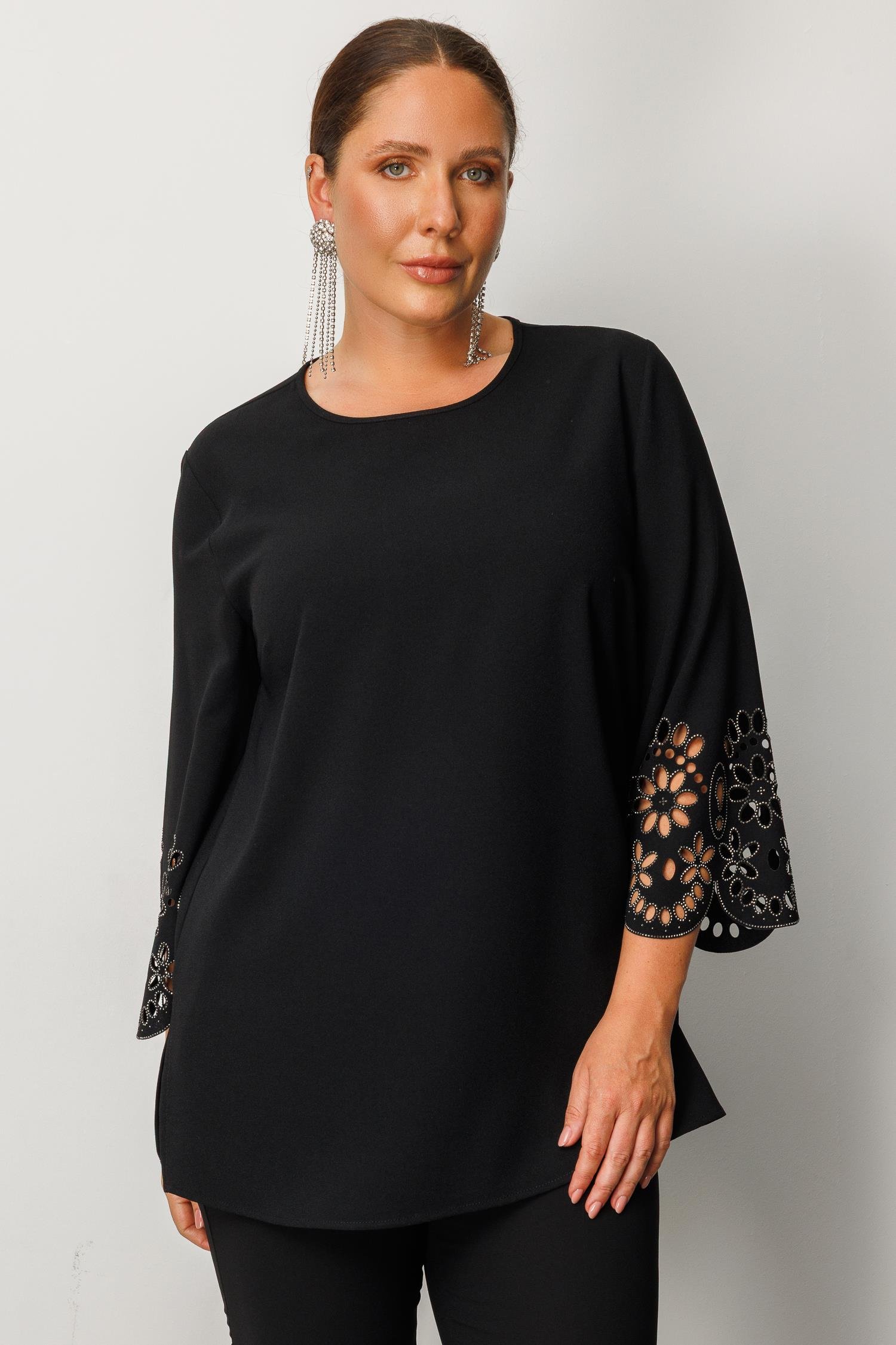 Modailgi  Kol Ağzı Lazerli Taşlı Bluz Siyah