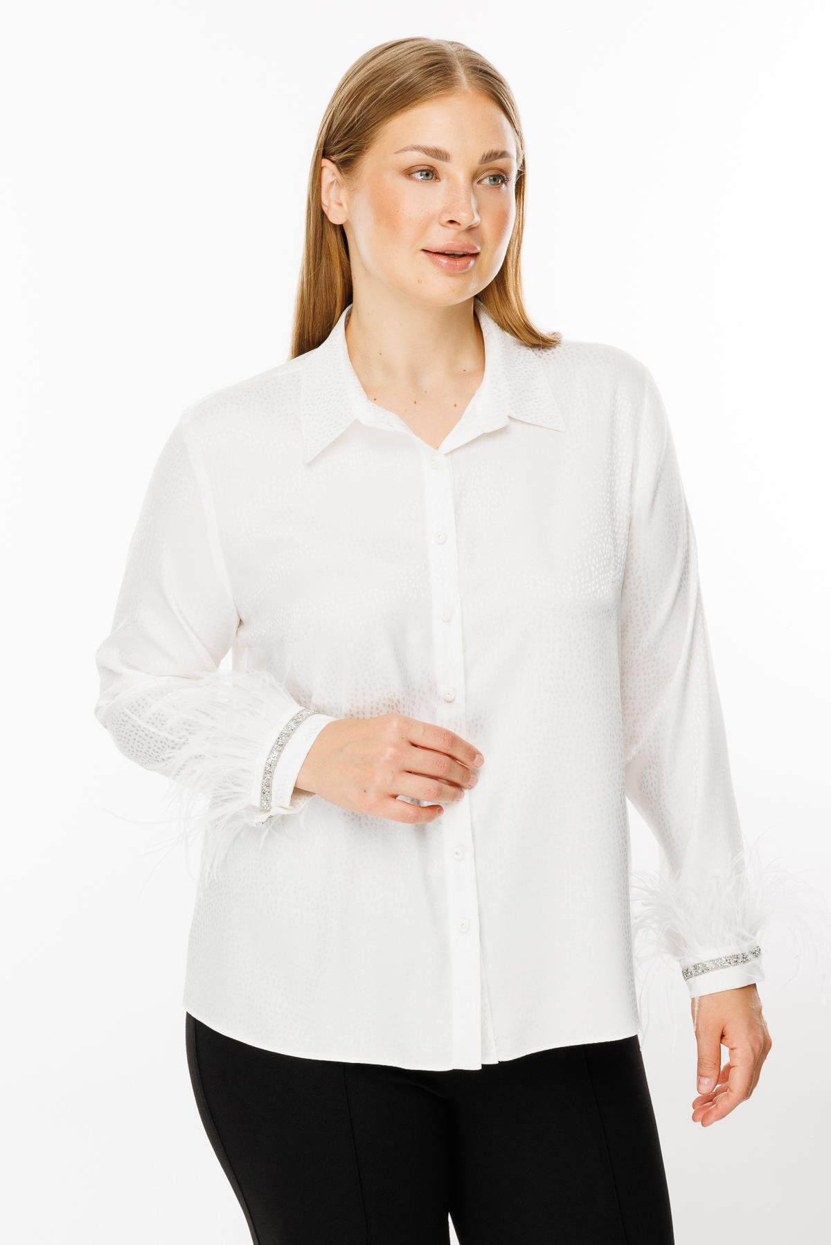 Modailgi  Kol Manşeti Otrişli Puanlı Jakar Gömlek Ekru