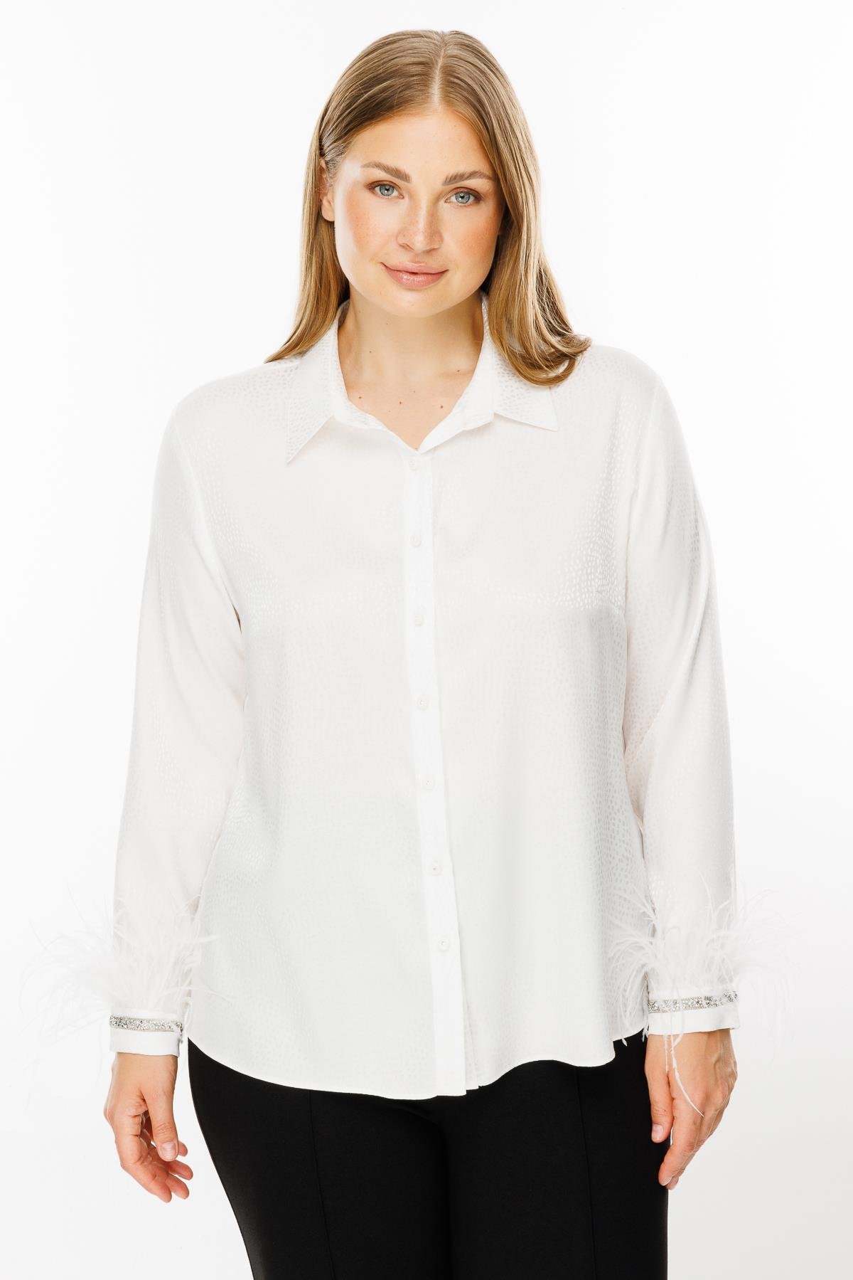 Modailgi  Kol Manşeti Otrişli Puanlı Jakar Gömlek Ekru
