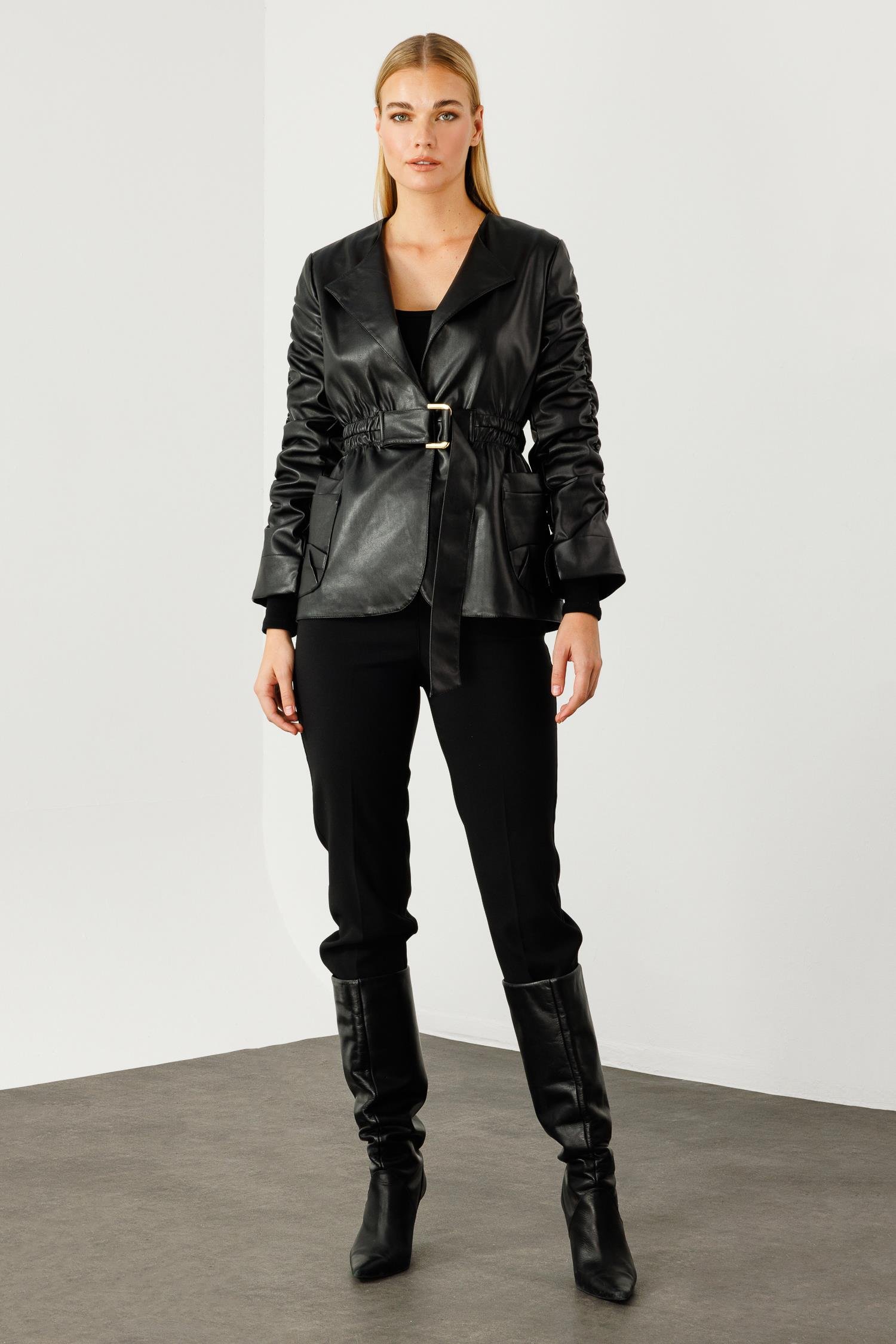 Modailgi  Kolları Büzgü Detaylı Kısa Deri Ceket Siyah