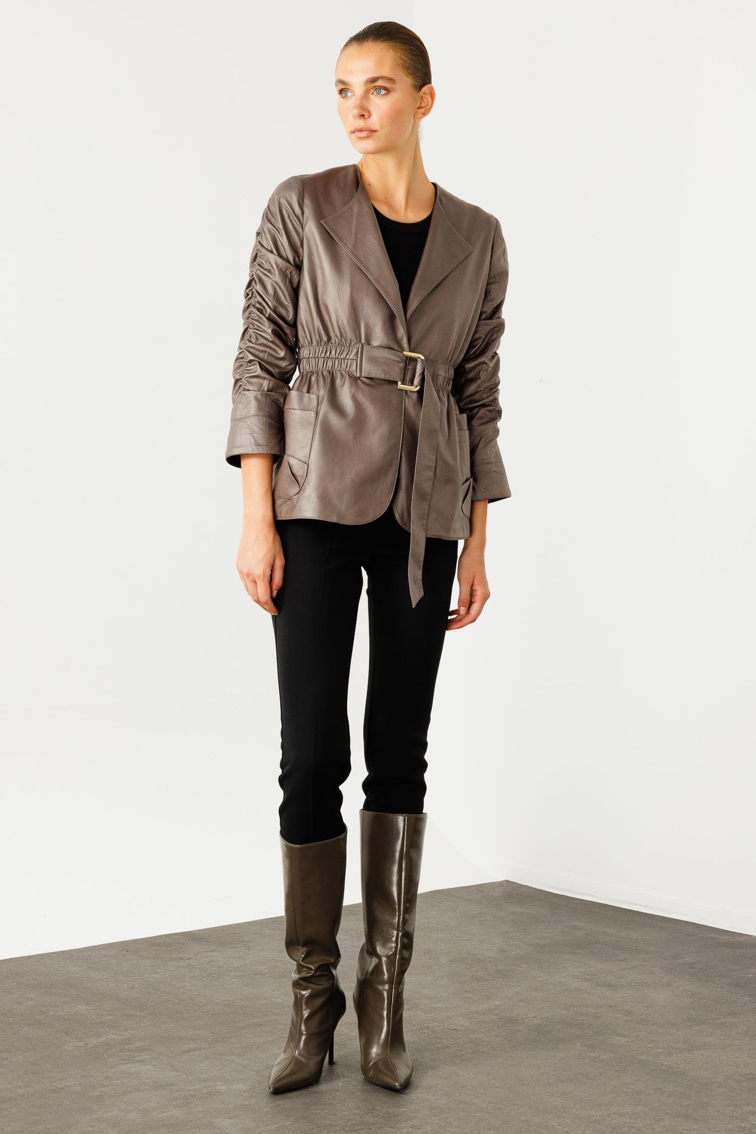 Modailgi  Kolları Büzgü Detaylı Kısa Deri Ceket Gri