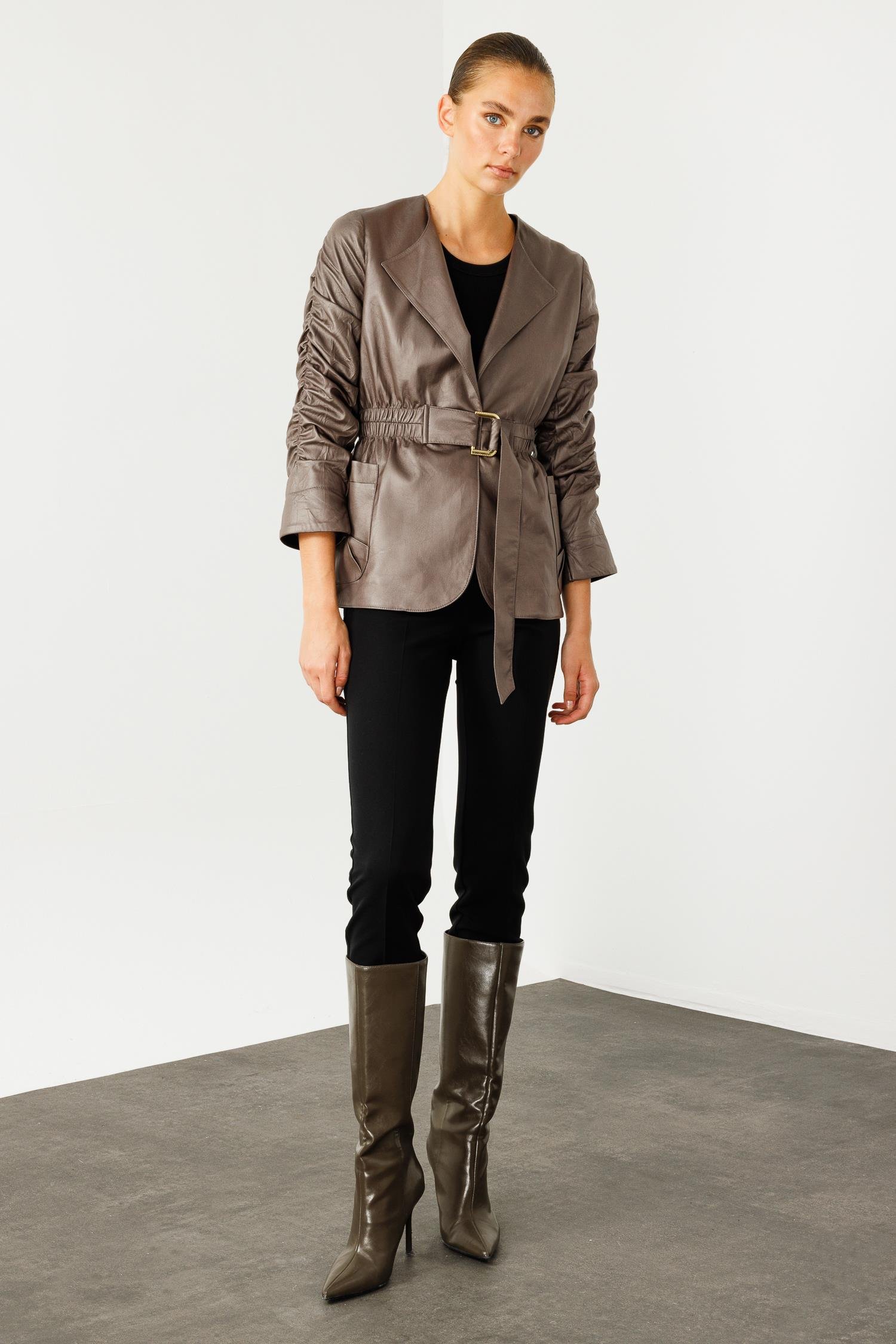 Modailgi  Kolları Büzgü Detaylı Kısa Deri Ceket Gri