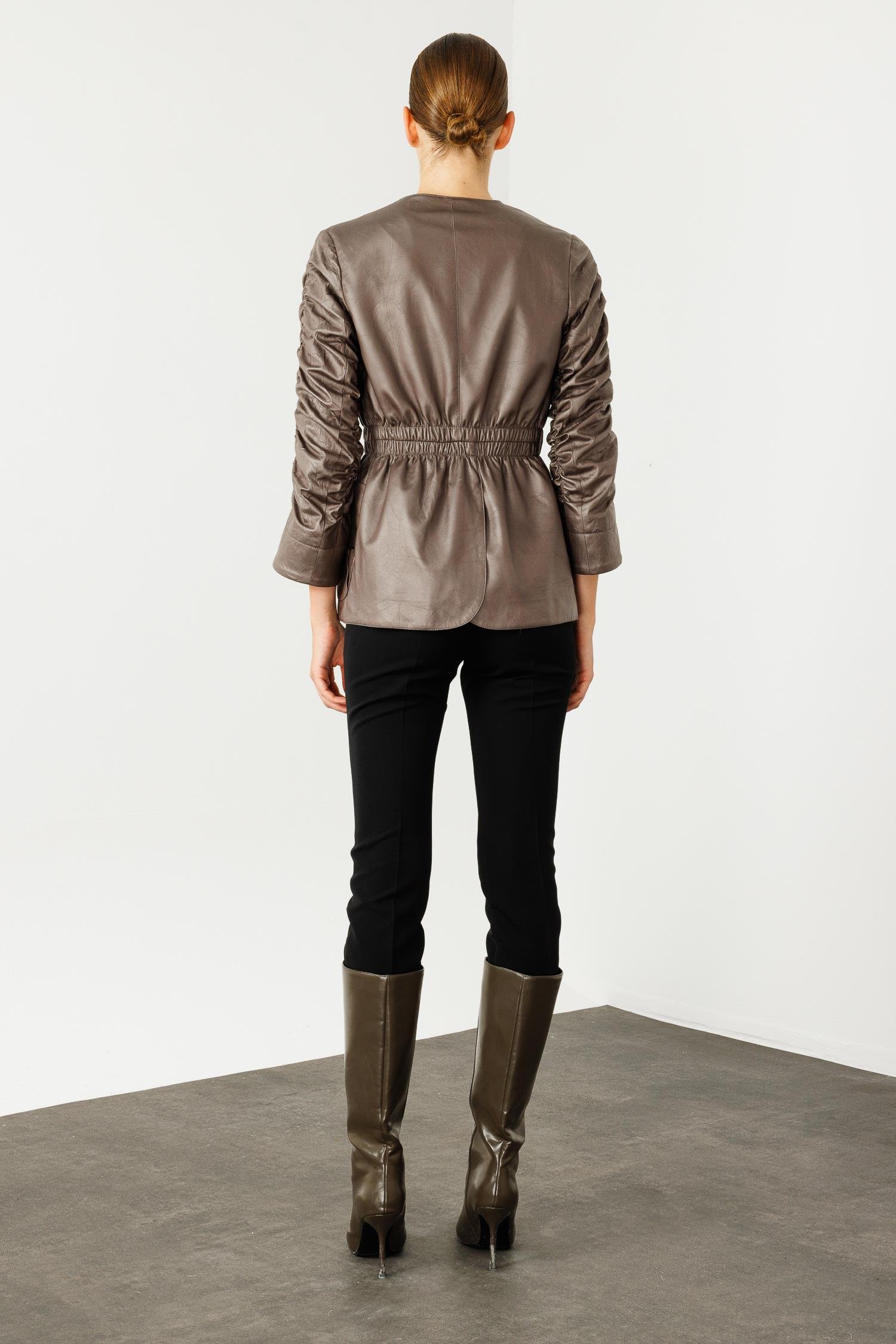 Modailgi  Kolları Büzgü Detaylı Kısa Deri Ceket Gri