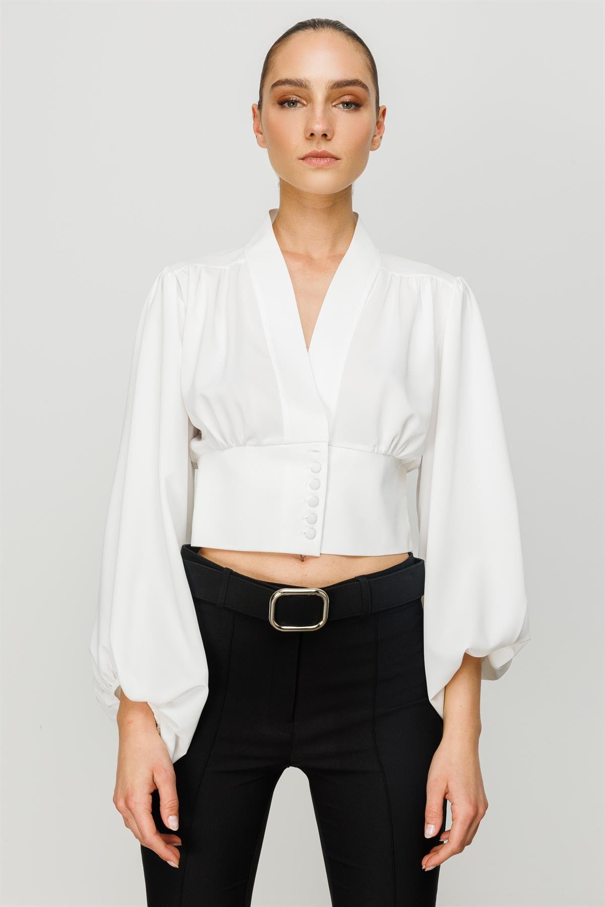 Modailgi  Kolları Geniş Büzgülü Crop Bluz Ekru