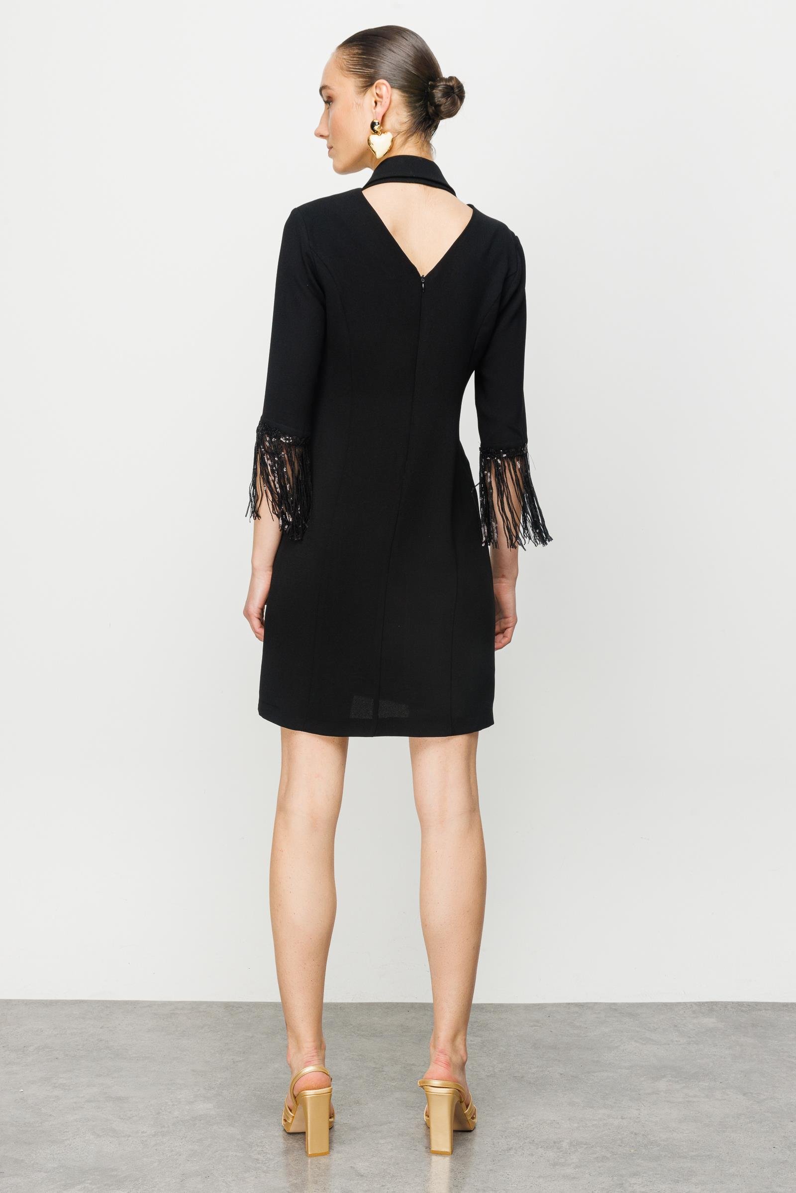 Modailgi  Kolları Payet Püsküllü Kruvaze Elbise Siyah