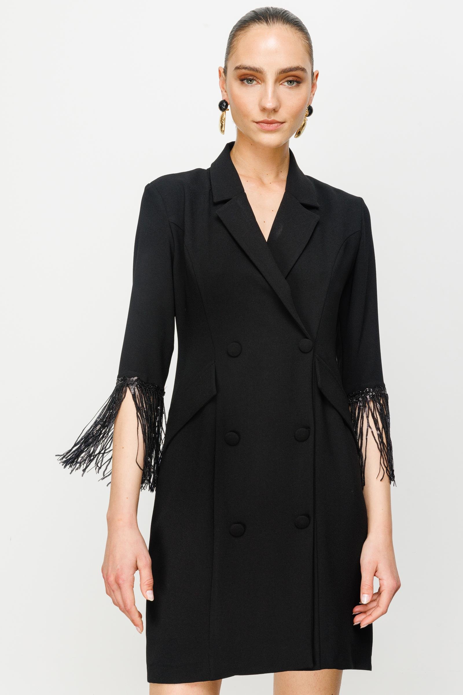 Modailgi  Kolları Payet Püsküllü Kruvaze Elbise Siyah