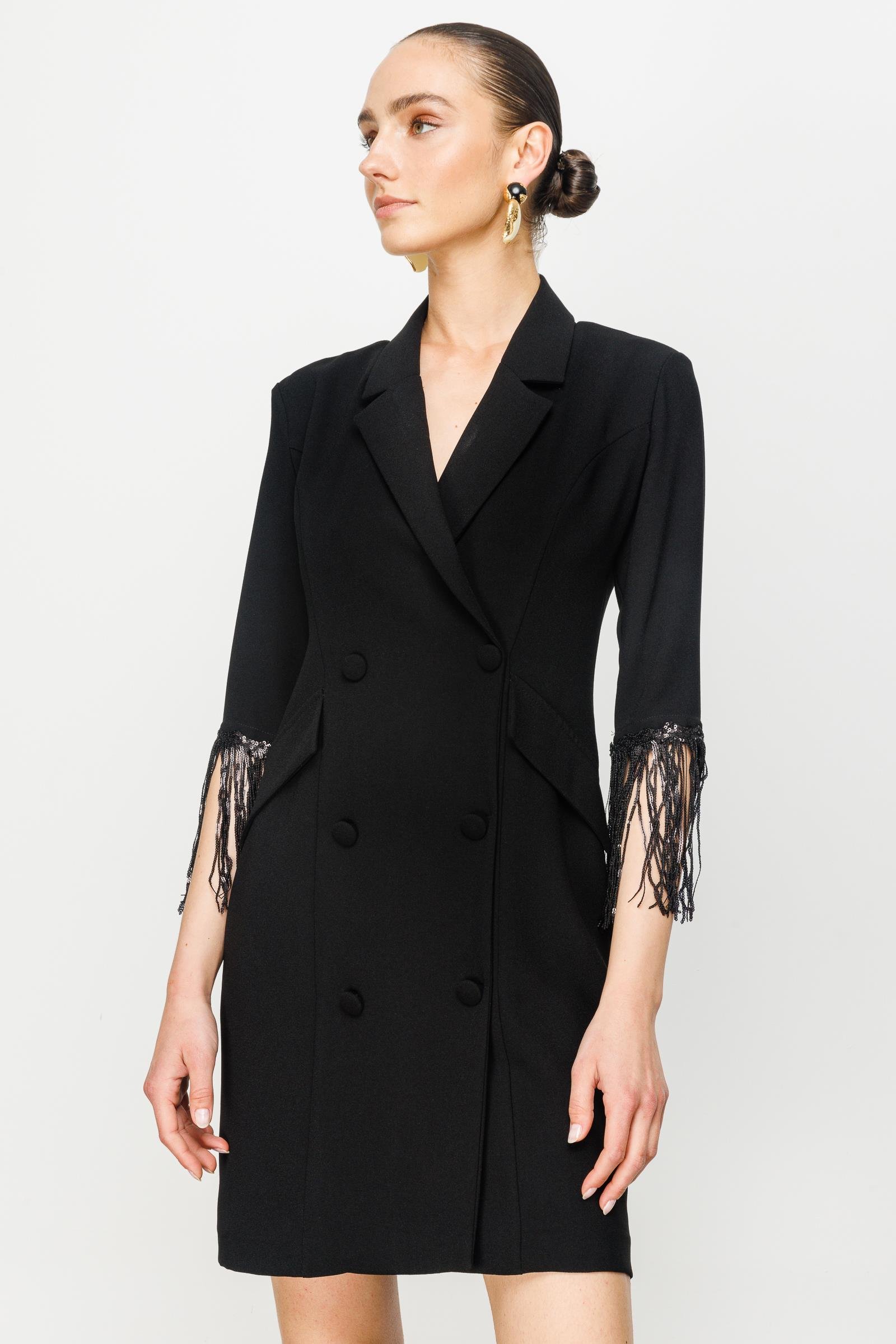 Modailgi  Kolları Payet Püsküllü Kruvaze Elbise Siyah