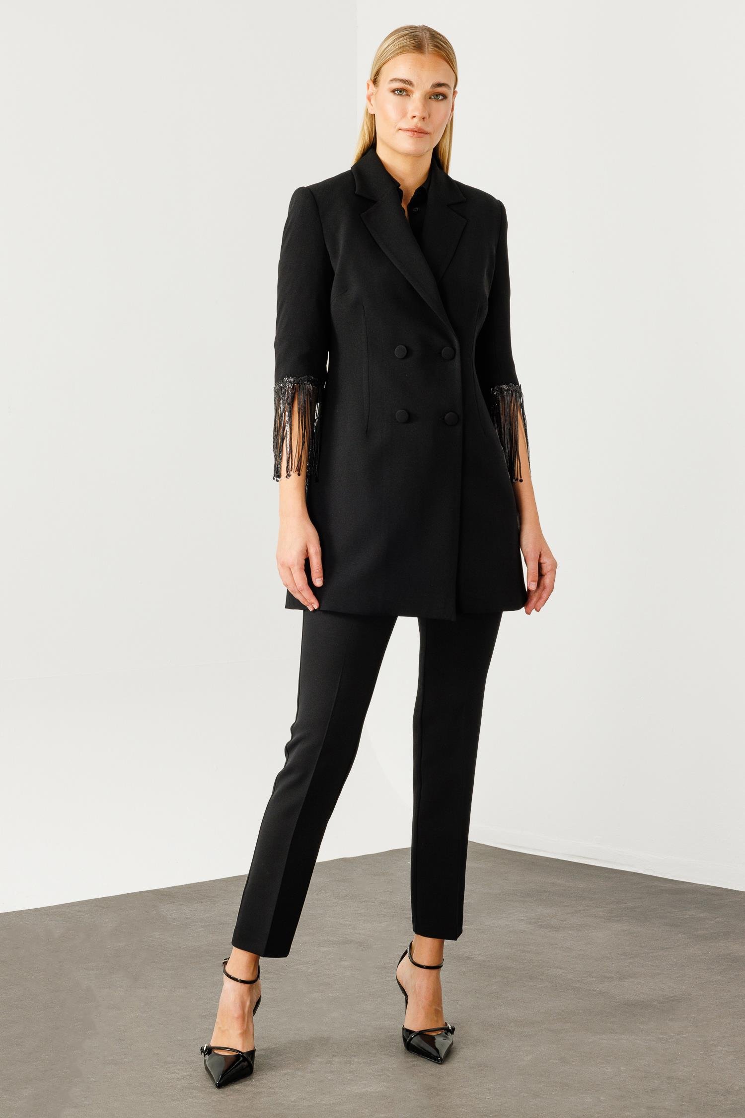 Modailgi  Kolları Boncuk Püsküllü Kruvaze Ceket Siyah