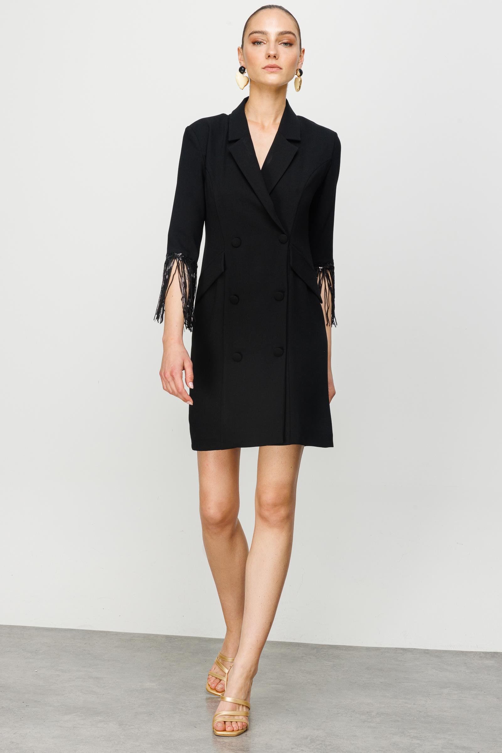 Modailgi  Kolları Payet Püsküllü Kruvaze Elbise Siyah