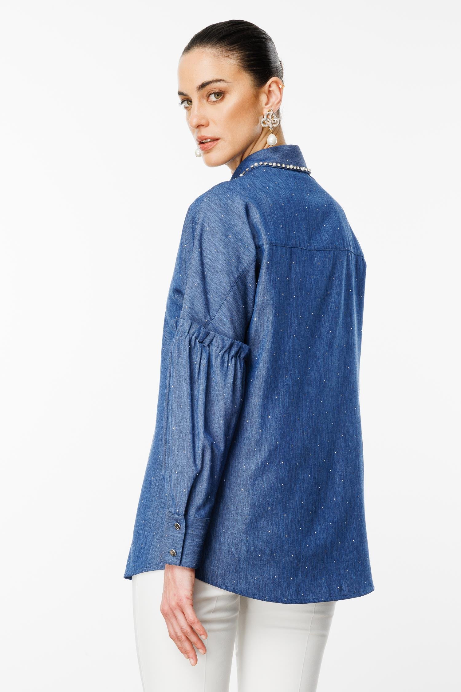 Modailgi  Kolları Pile Detaylı Yakası Taş İşlemeli Taşlı Tencel Gömlek Lacivert